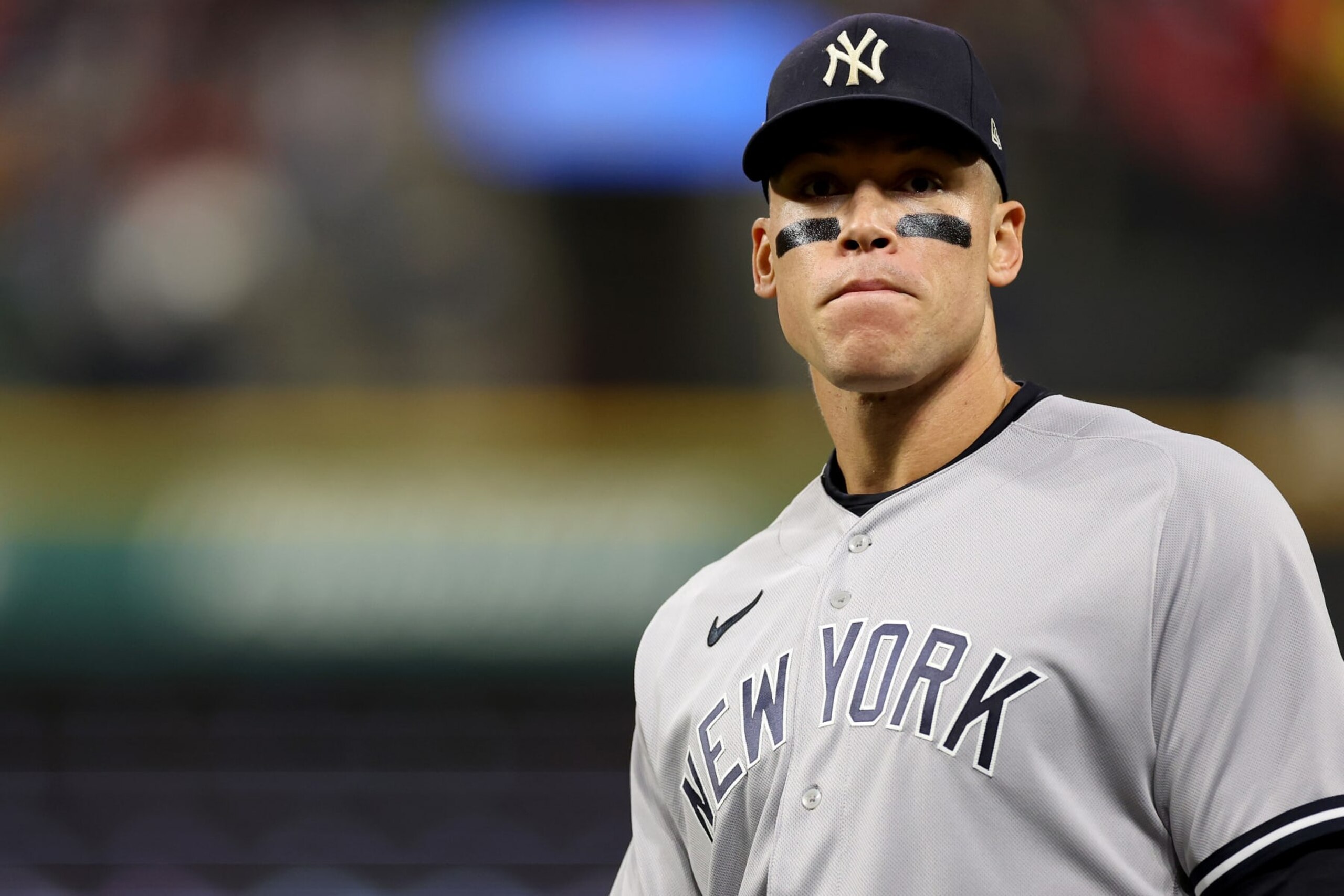 CLEVELAND, OHIO - OCTOBER 16: Aaron Judge #99 of the New York Yankees looks on prior to playing the Cleveland Guardians in game four of the American League Division Series at Progressive Field on October 16, 2022 in Cleveland, Ohio. (Photo by Christian Petersen/Getty Images)