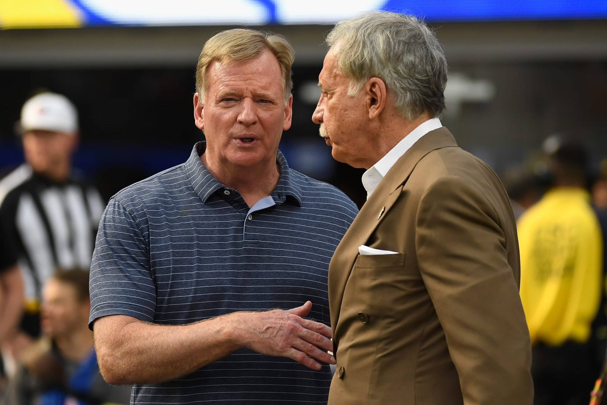 INGLEWOOD, CALIFORNIA - SEPTEMBER 08:  NFL C
ommissioner Roger Goodell (L) speaks with Los Angeles Rams owner Stan Kroenke before the NFL game against the Buffalo Bills at SoFi Stadium on September 08, 2022 in Inglewood, California. (Photo by Kevork Djansezian/Getty Images)
