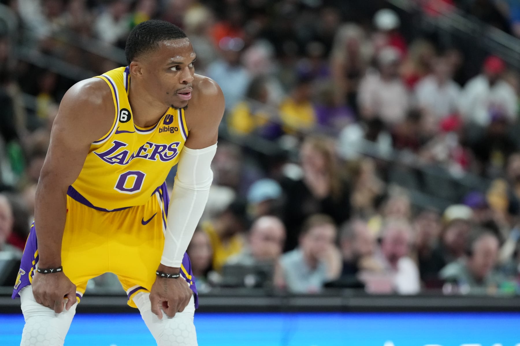 LAS VEGAS, NV - OCTOBER 5: Russell Westbrook #0 of the Los Angeles Lakers looks on during a preseason game on October 5 2022 at T-Mobile Arena in Las Vegas, Nevada. NOTE TO USER: User expressly acknowledges and agrees that, by downloading and or using this photograph, User is consenting to the terms and conditions of the Getty Images License Agreement. Mandatory Copyright Notice: Copyright 2022 NBAE (Photo by Jeff Bottari/NBAE via Getty Images)