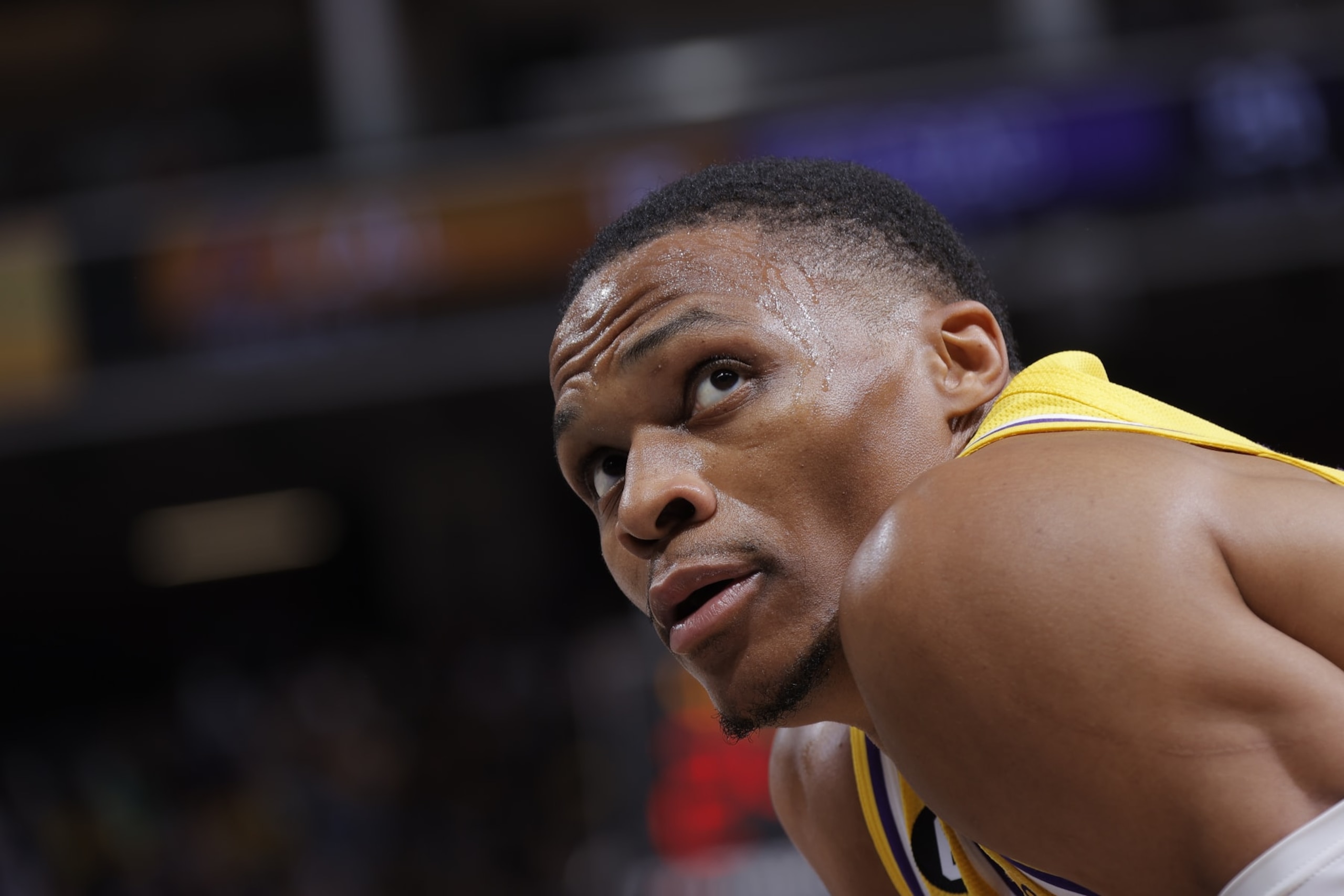 SACRAMENTO, CA - OCTOBER 14: Russell Westbrook #0 of the Los Angeles Lakers looks on during the game against the Sacramento Kings on October 14, 2022 at Golden 1 Center in Sacramento, California. NOTE TO USER: User expressly acknowledges and agrees that, by downloading and or using this Photograph, user is consenting to the terms and conditions of the Getty Images License Agreement. Mandatory Copyright Notice: Copyright 2022 NBAE (Photo by Rocky Widner/NBAE via Getty Images)
