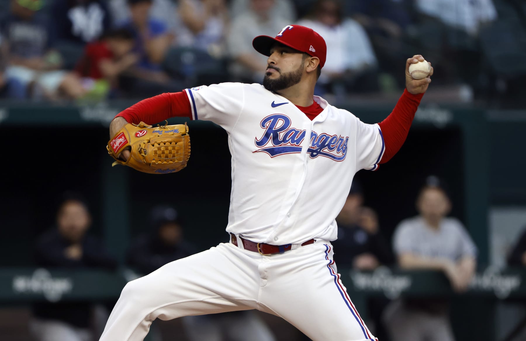 ARLINGTON, TX - OCTOBER 3: Martin Perez #54 of the Texas Rangers pitches against the New York Yankees during the first inning at Globe Life Field on October 3, 2022 in Arlington, Texas. (Photo by Ron Jenkins/Getty Images)