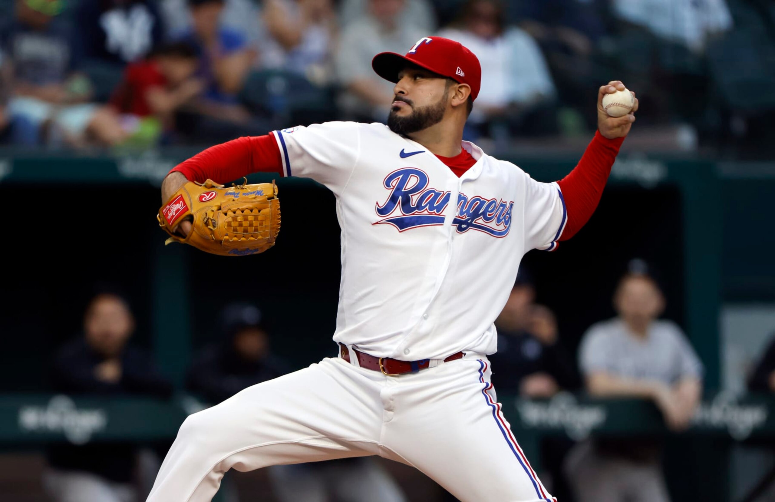 ARLINGTON, TX - OCTOBER 3: Martin Perez #54 of the Texas Rangers pitches against the New York Yankees during the first inning at Globe Life Field on October 3, 2022 in Arlington, Texas. (Photo by Ron Jenkins/Getty Images)