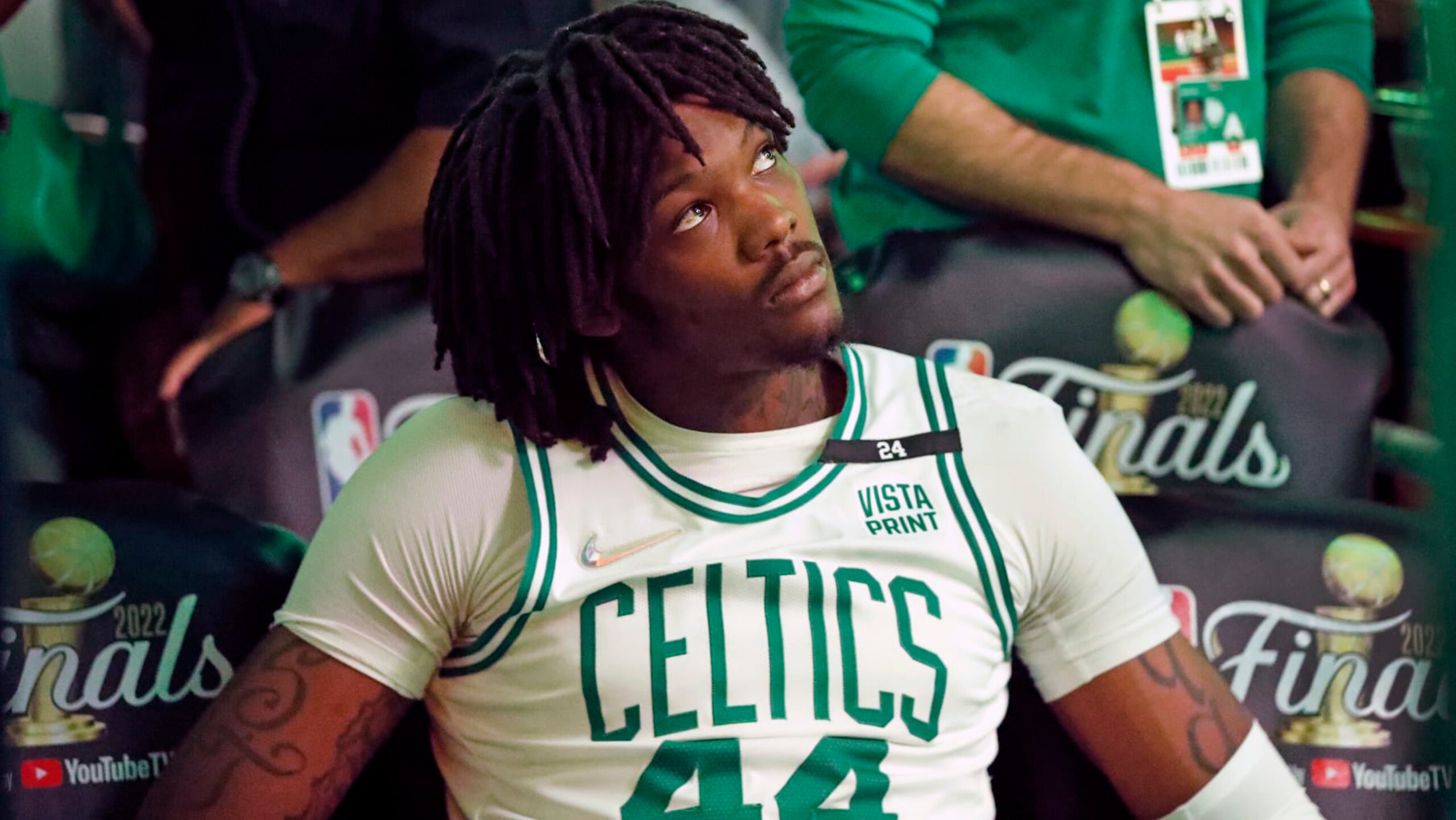 Boston - June 10: The Celtics Robert Williams is pictured on the bench as he watches the start of pre game introductions on the scoreboard. The Boston Celtics host The Golden State Warriors in game 4 of the NBA Finals at TD Garden in Boston on June 10, 2022. (Photo by Jim Davis/The Boston Globe via Getty Images) Boston - June 10: The Celtics Robert Williams is pictured on the bench as he watches the start of pre game introductions on the scoreboard. The Boston Celtics host The Golden State Warriors in game 4 of the NBA Finals at TD Garden in Boston on June 10, 2022. (Photo by Jim Davis/The Boston Globe via Getty Images)