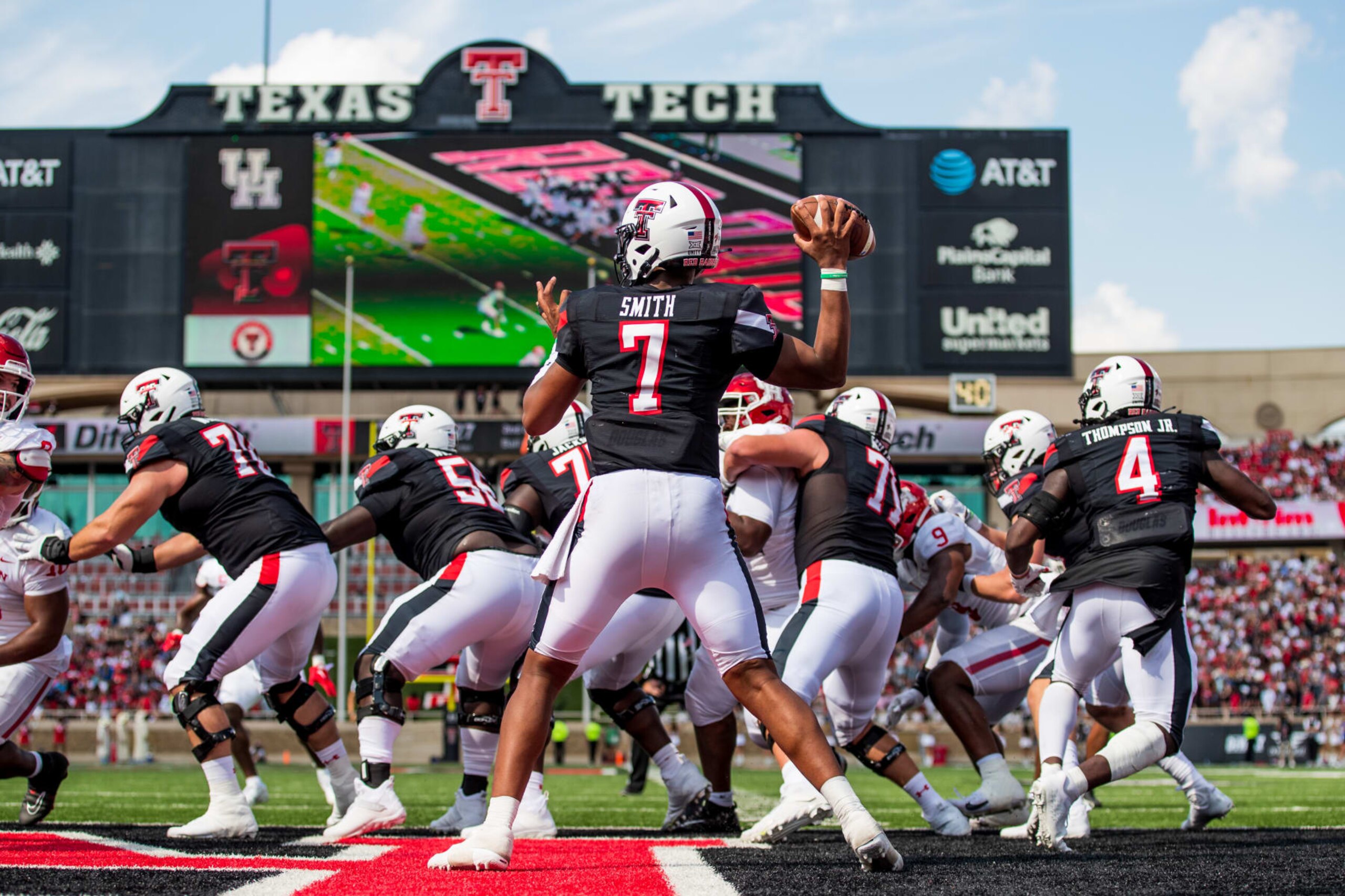 LUBBOCK, TEXAS - SEPTEMBER 10: Quarterback Donovan Smith #7 of the Texas Tech Red Raiders passes the ball during the first half of the game against the Houston Cougars at Jones AT&T Stadium on September 10, 2022 in Lubbock, Texas. (Photo by John E. Moore III/Getty Images)