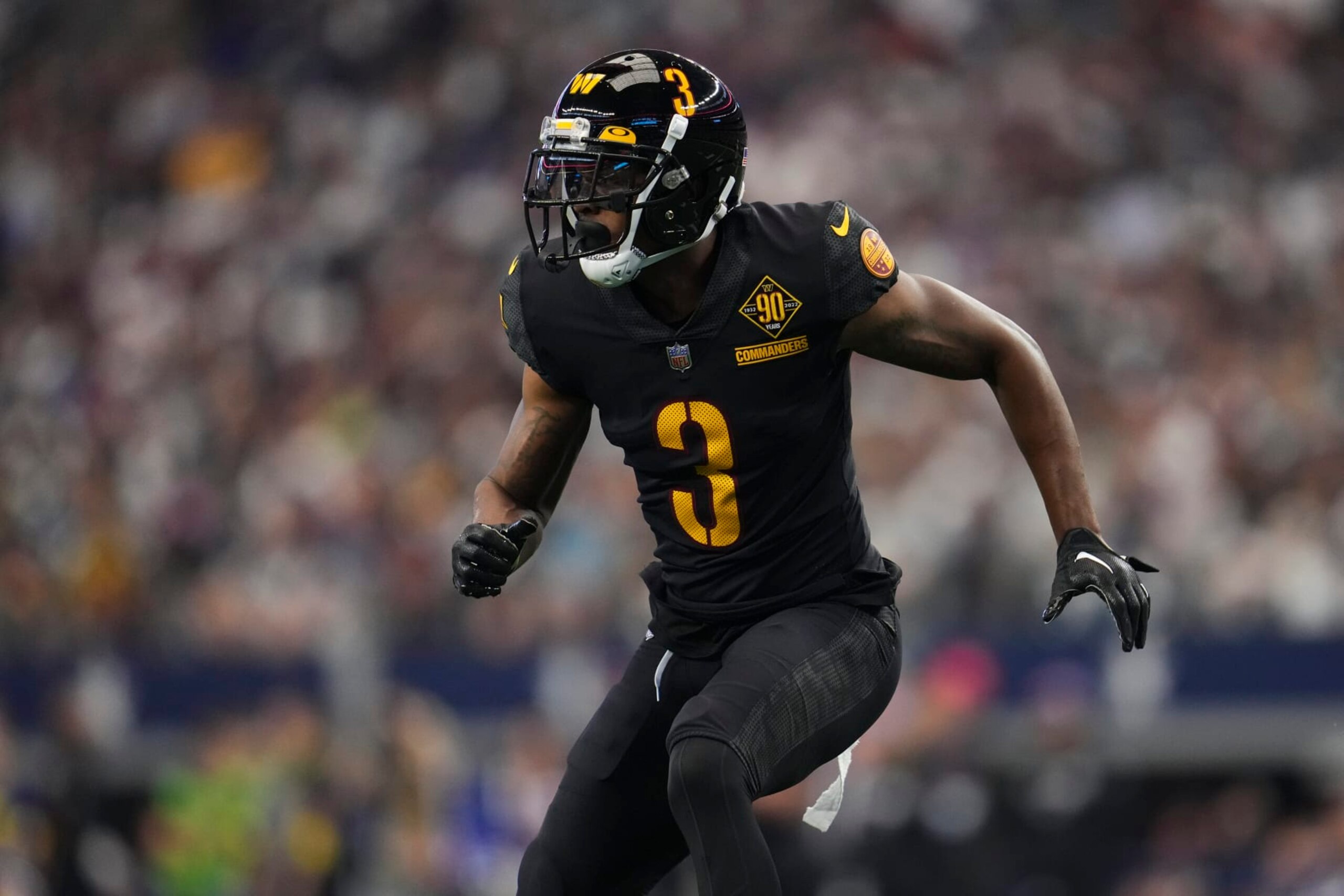 ARLINGTON, TX - OCTOBER 02: William Jackson III #3 of the Washington Commanders defends against the Dallas Cowboys at AT&T Stadium on October 2, 2022 in Arlington, Texas. (Photo by Cooper Neill/Getty Images)