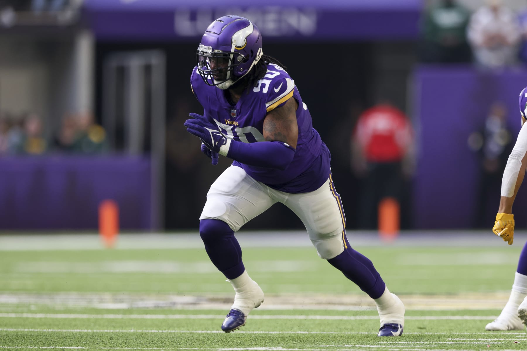 Minnesota Vikings defensive tackle Sheldon Richardson (90) in action against the Green Bay Packers during the first half of an NFL football game, Sunday, Nov. 21, 2021 in Minneapolis. Minnesota won 34-31. (AP Photo/Stacy Bengs)