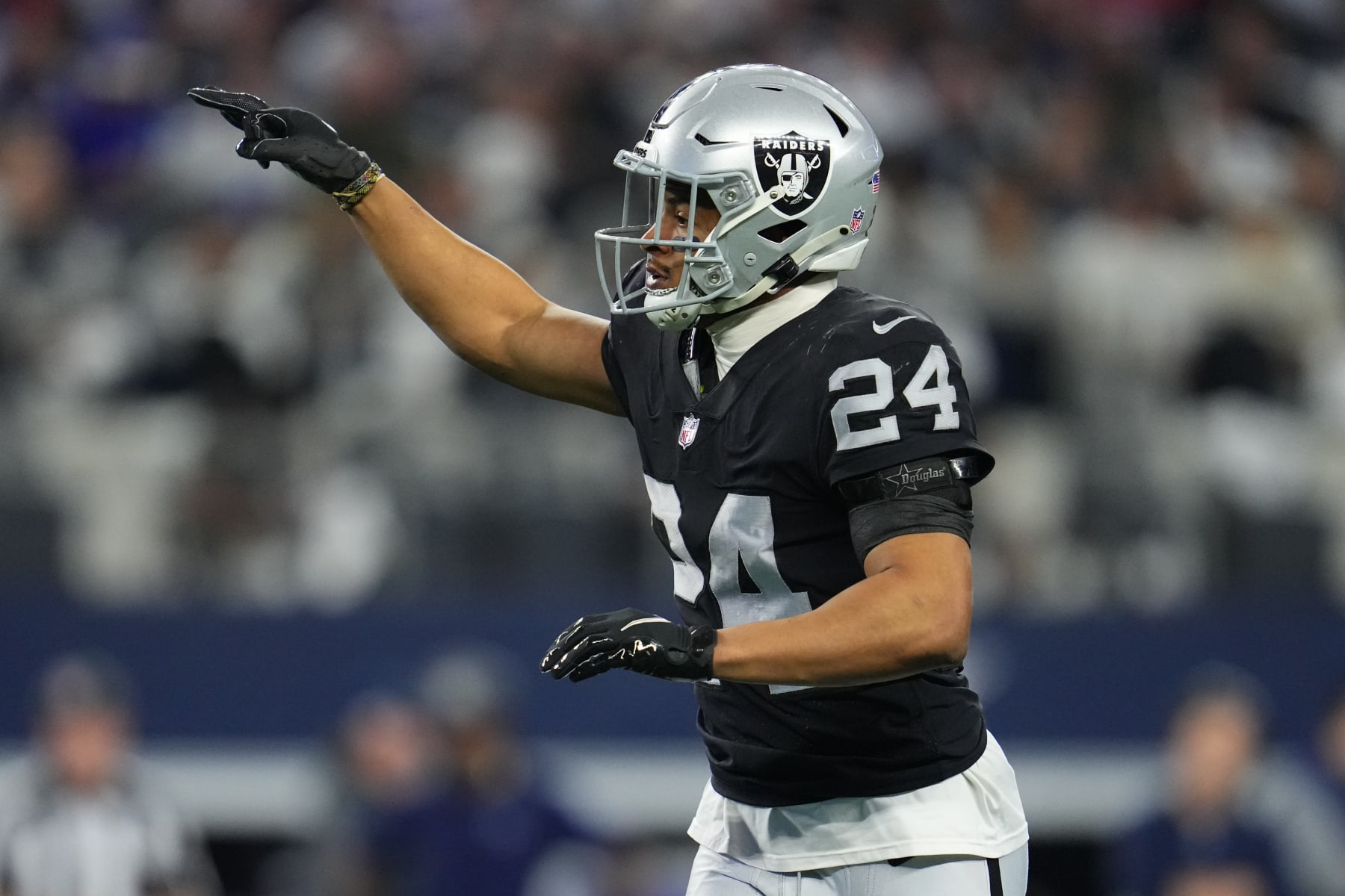 ARLINGTON, TEXAS - NOVEMBER 25: Johnathan Abram #24 of the Las Vegas Raiders signals against the Dallas Cowboys during an NFL game at AT&T Stadium on November 25, 2021 in Arlington, Texas. (Photo by Cooper Neill/Getty Images)