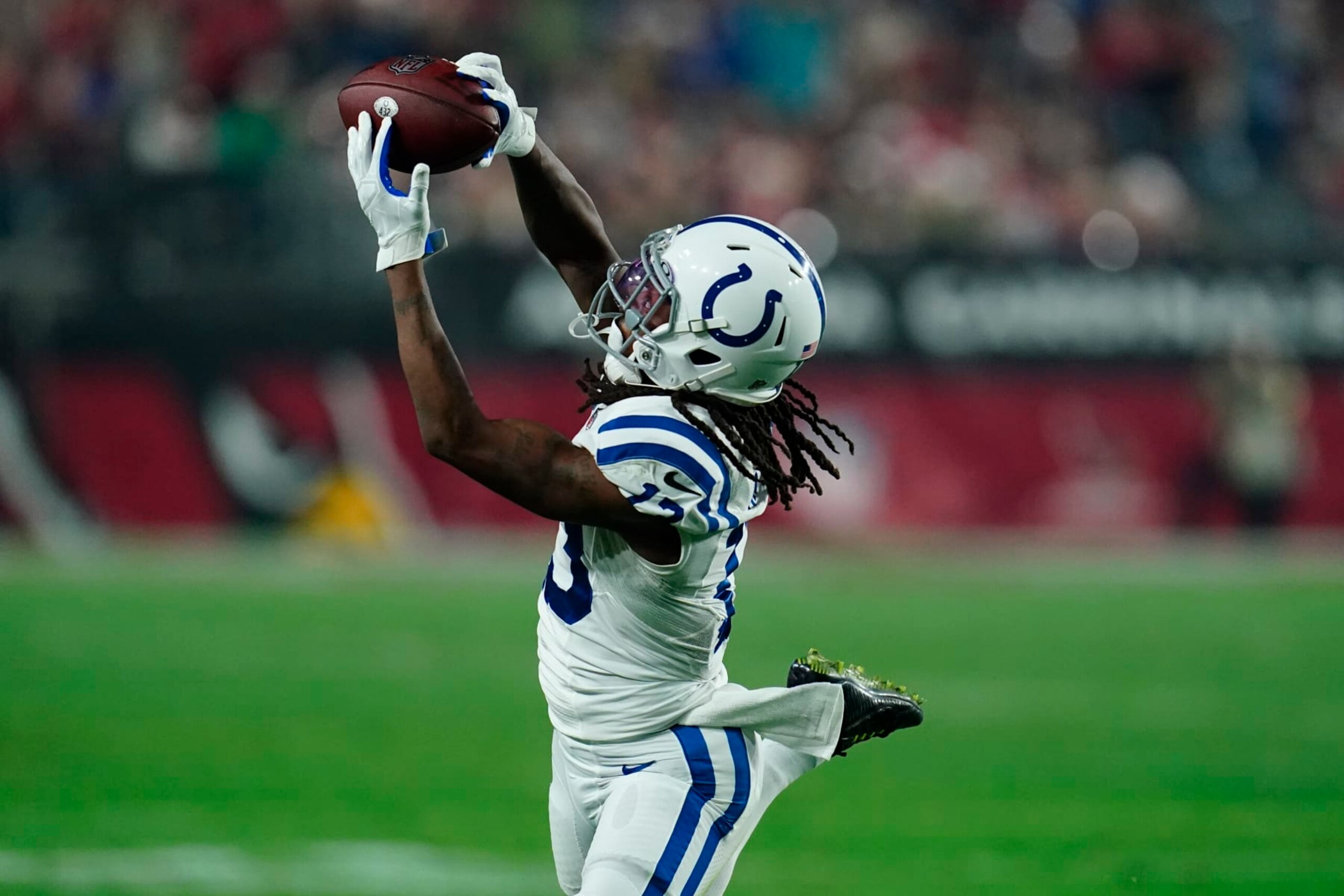 Indianapolis Colts wide receiver T.Y. Hilton pulls in a catch against the Arizona Cardinals during the second half of an NFL football game, Saturday, Dec. 25, 2021, in Glendale, Ariz. (AP Photo/Ross D. Franklin)