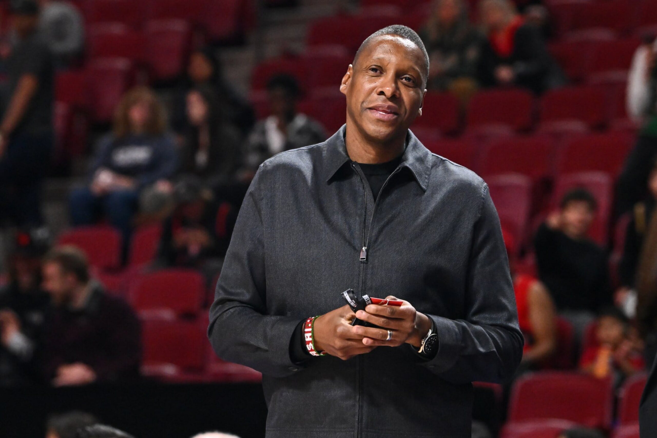 MONTREAL, CANADA - OCTOBER 14:  Vice-Chairman and team president of the Toronto Raptors, Masai Ujiri, walks onto the court prior to the preseason NBA game against the Boston Celtics at Centre Bell on October 14, 2022 in Montreal, Quebec, Canada.  The Toronto Raptors defeated the Boston Celtics 137-134 in overtime.  NOTE TO USER: User expressly acknowledges and agrees that, by downloading and or using this photograph, User is consenting to the terms and conditions of the Getty Images License Agreement.  (Photo by Minas Panagiotakis/Getty Images)