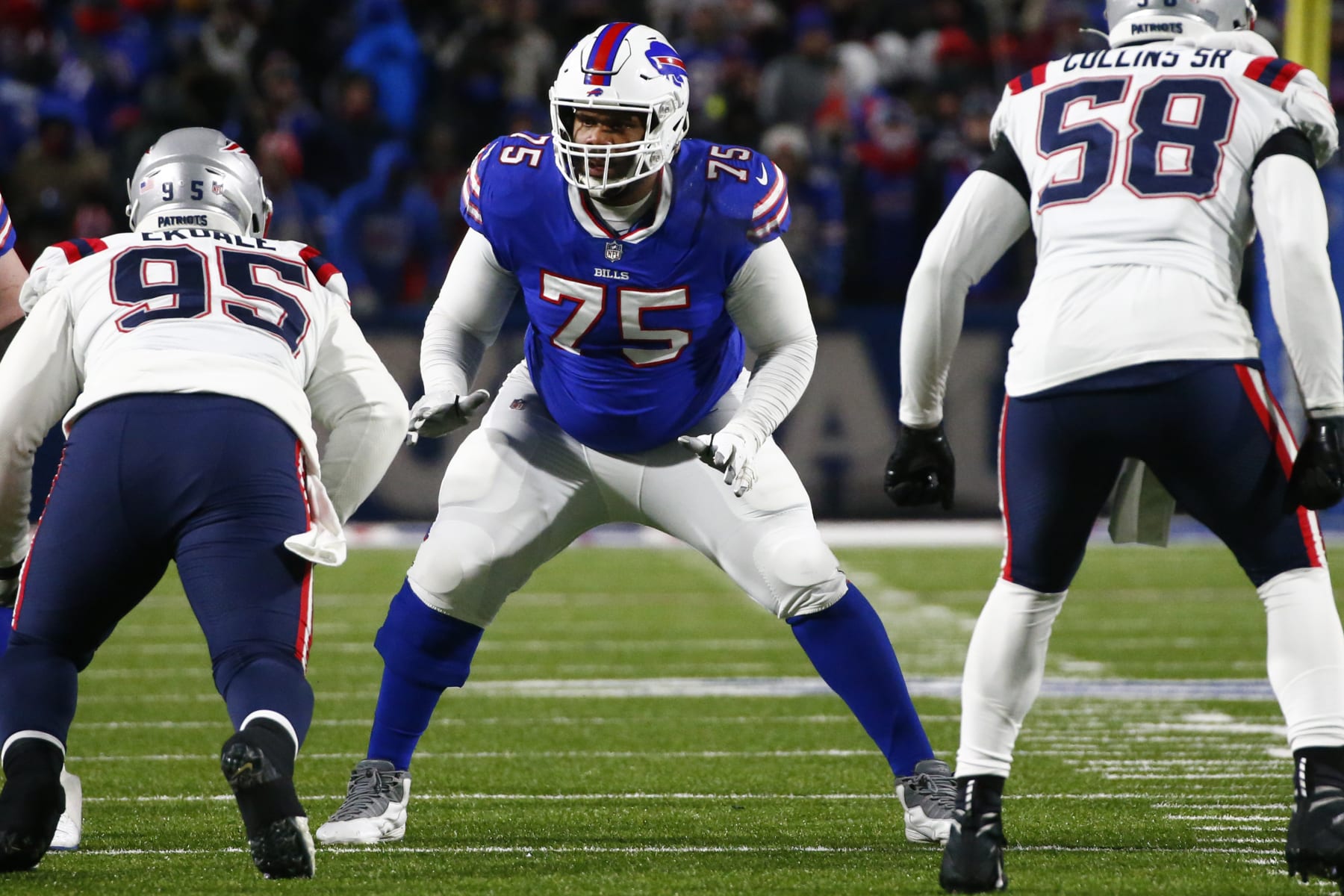 Buffalo Bills offensive tackle Daryl Williams (75) blocks during the second half of an NFL wild-card playoff football game against the New England Patriots in Orchard Park, N.Y., Saturday, Jan. 15, 2022. (AP Photo/ Jeffrey T. Barnes)