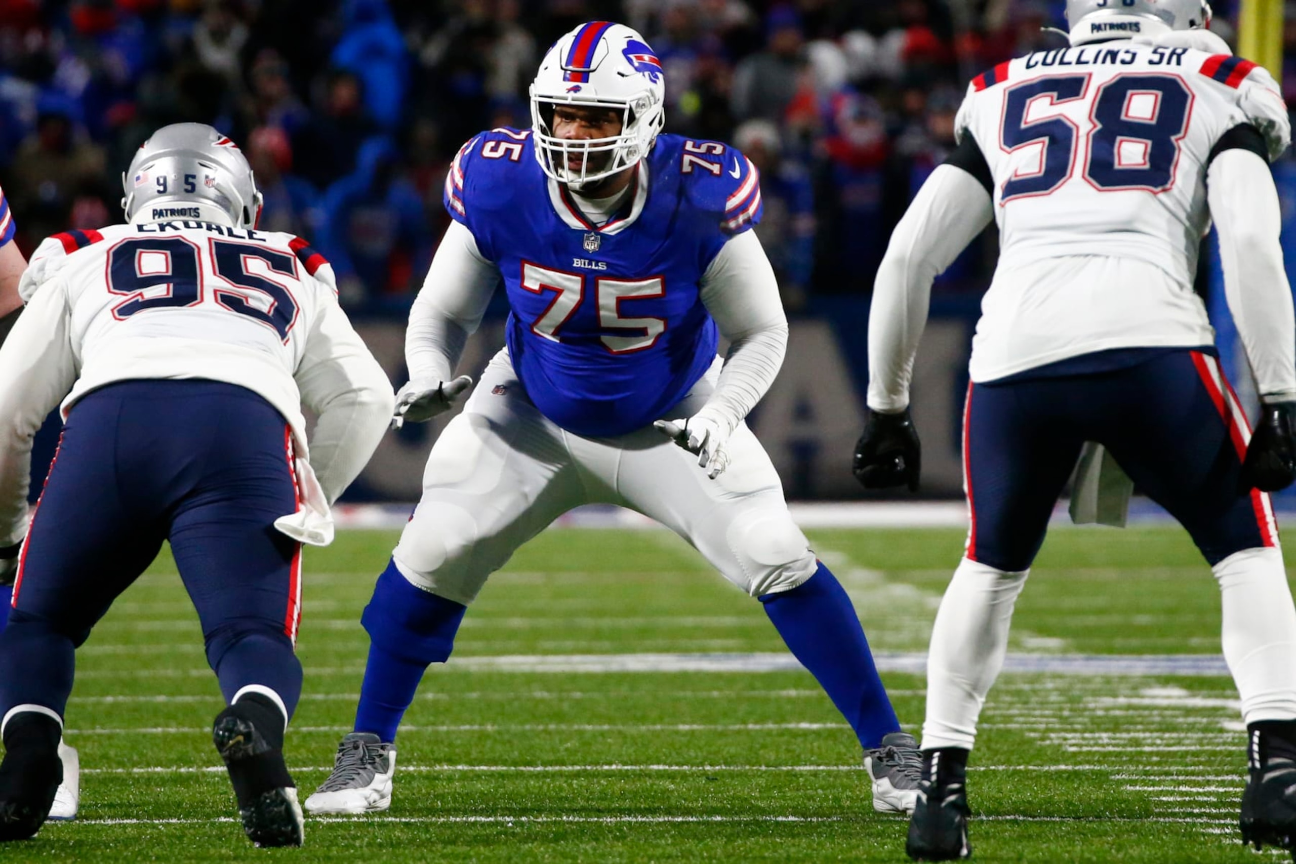 Buffalo Bills offensive tackle Daryl Williams (75) blocks during the second half of an NFL wild-card playoff football game against the New England Patriots in Orchard Park, N.Y., Saturday, Jan. 15, 2022. (AP Photo/ Jeffrey T. Barnes) Buffalo Bills offensive tackle Daryl Williams (75) blocks during the second half of an NFL wild-card playoff football game against the New England Patriots in Orchard Park, N.Y., Saturday, Jan. 15, 2022. (AP Photo/ Jeffrey T. Barnes)