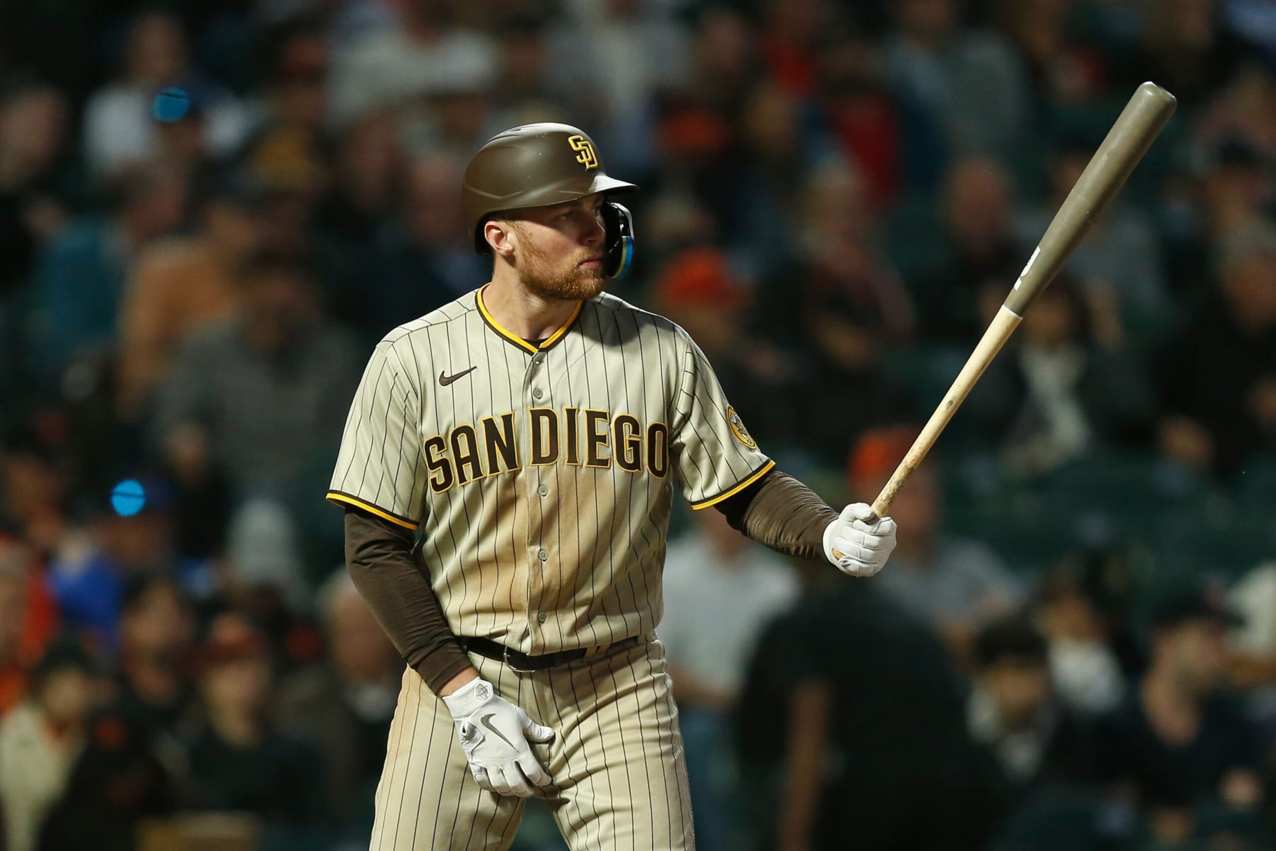 SAN FRANCISCO, CALIFORNIA - AUGUST 30: Brandon Drury #17 of the San Diego Padres at bat against the San Francisco Giants at Oracle Park on August 30, 2022 in San Francisco, California. (Photo by Lachlan Cunningham/Getty Images)
