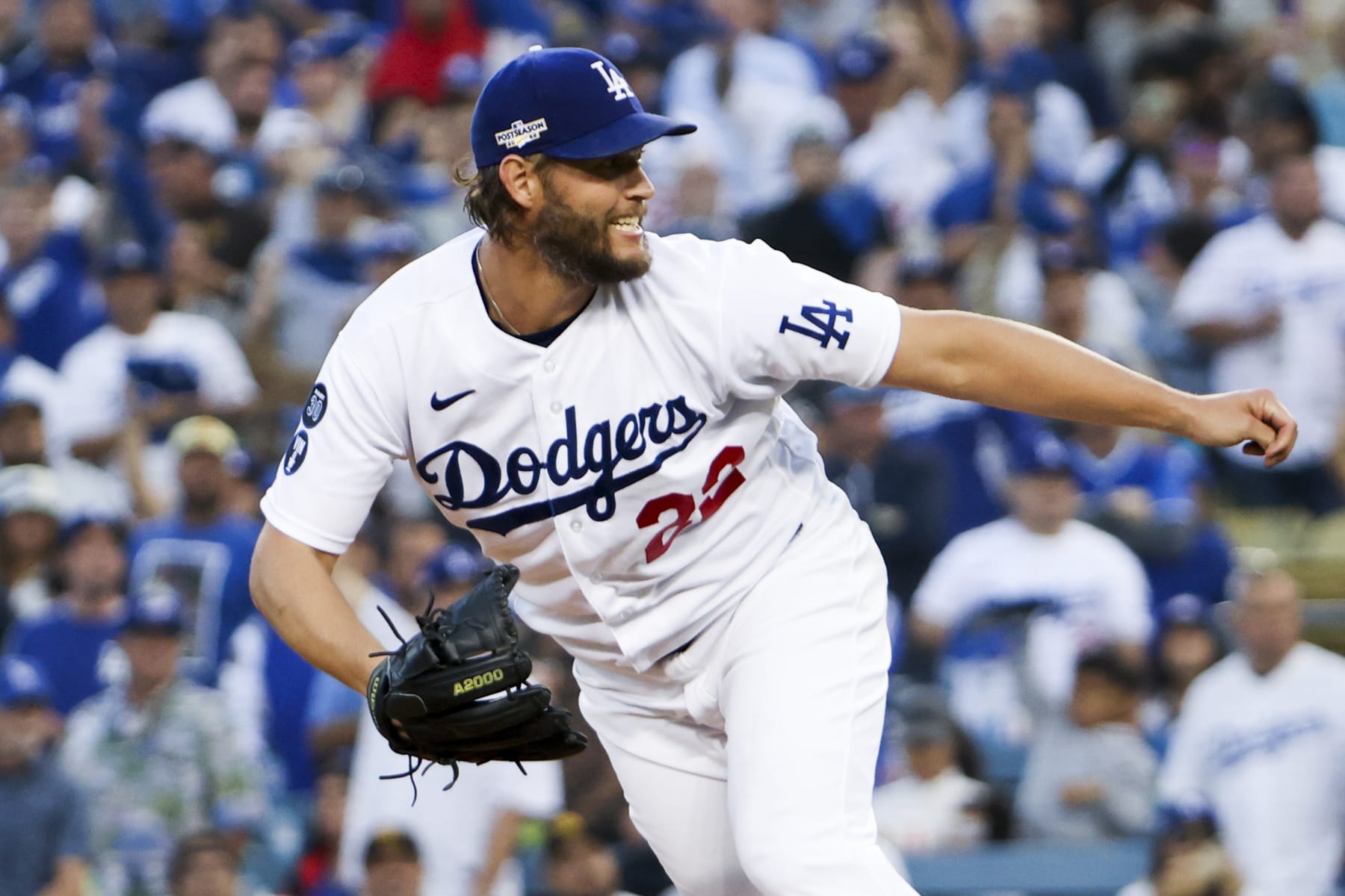 Los Angeles, CA - October 12: Los Angeles Dodgers starting pitcher Clayton Kershaw delivers a pitch during the second inning in game two of the NLDS against the San Diego Padres at Dodger Stadium on Wednesday, Oct. 12, 2022 in Los Angeles, CA.(Robert Gauthier / Los Angeles Times via Getty Images)