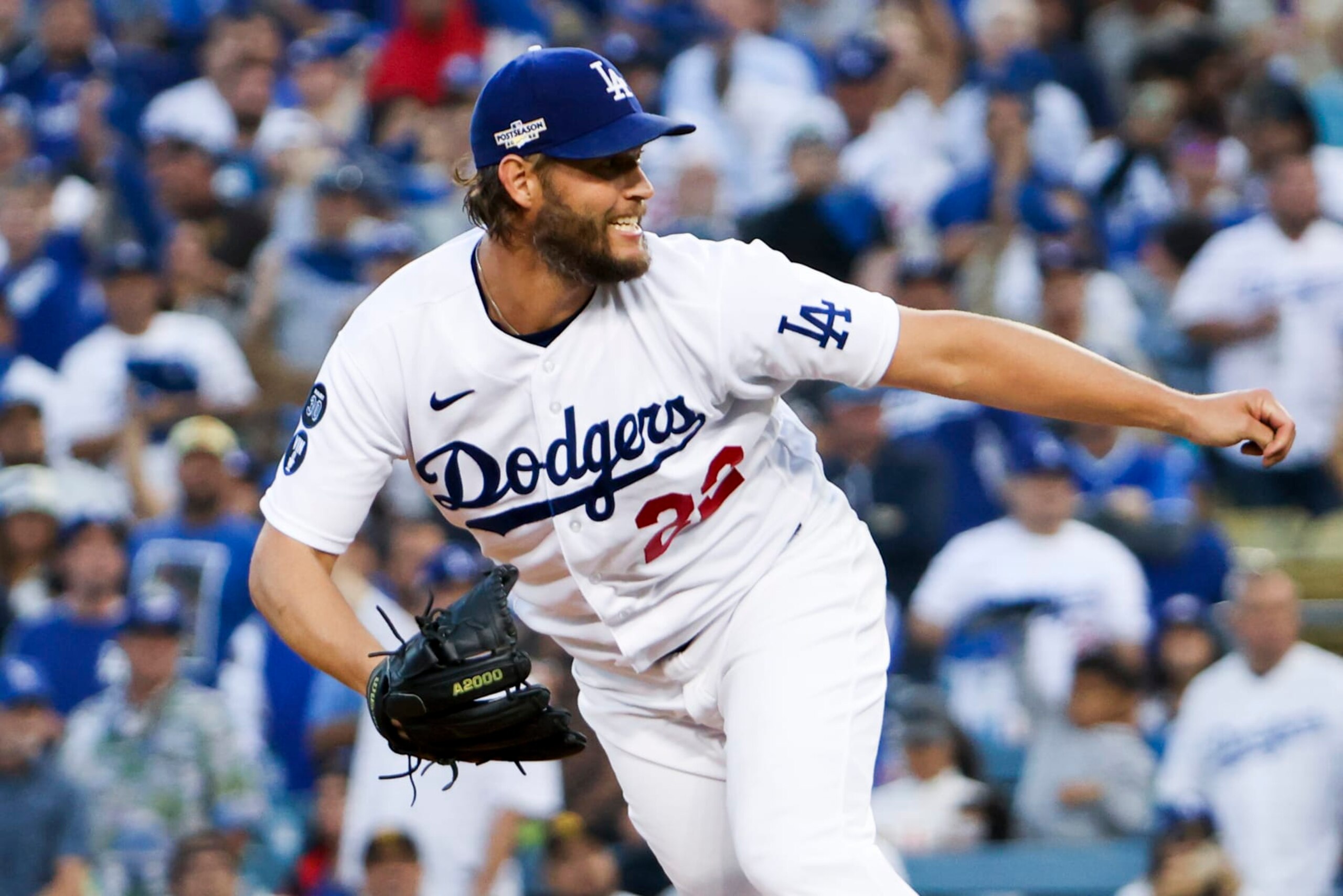 Los Angeles, CA - October 12: Los Angeles Dodgers starting pitcher Clayton Kershaw delivers a pitch during the second inning in game two of the NLDS against the San Diego Padres at Dodger Stadium on Wednesday, Oct. 12, 2022 in Los Angeles, CA.(Robert Gauthier / Los Angeles Times via Getty Images)