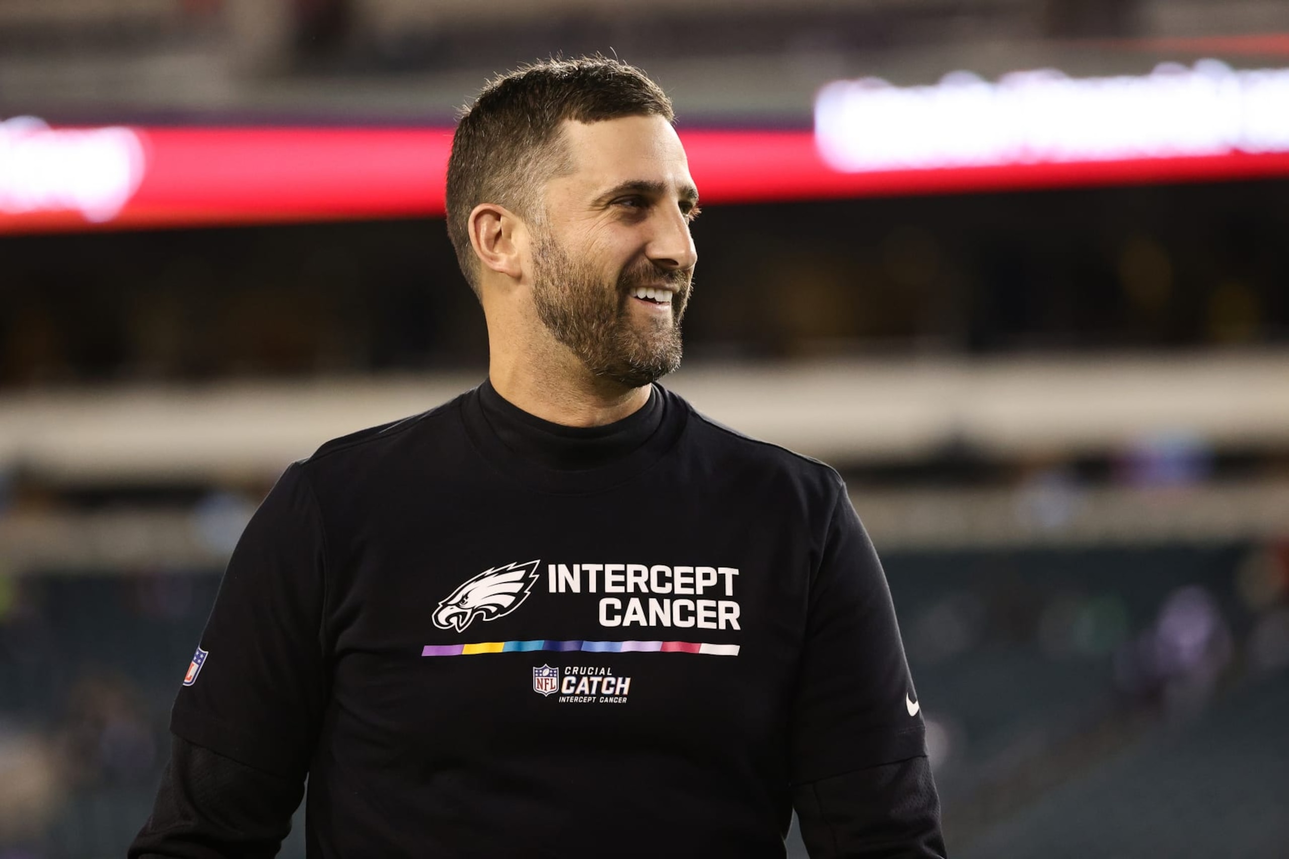 PHILADELPHIA, PENNSYLVANIA - OCTOBER 16: Head coach Nick Sirianni of the Philadelphia Eagles looks on during warmups prior to the game against the Dallas Cowboys at Lincoln Financial Field on October 16, 2022 in Philadelphia, Pennsylvania. (Photo by Tim Nwachukwu/Getty Images) PHILADELPHIA, PENNSYLVANIA - OCTOBER 16: Head coach Nick Sirianni of the Philadelphia Eagles looks on during warmups prior to the game against the Dallas Cowboys at Lincoln Financial Field on October 16, 2022 in Philadelphia, Pennsylvania. (Photo by Tim Nwachukwu/Getty Images)