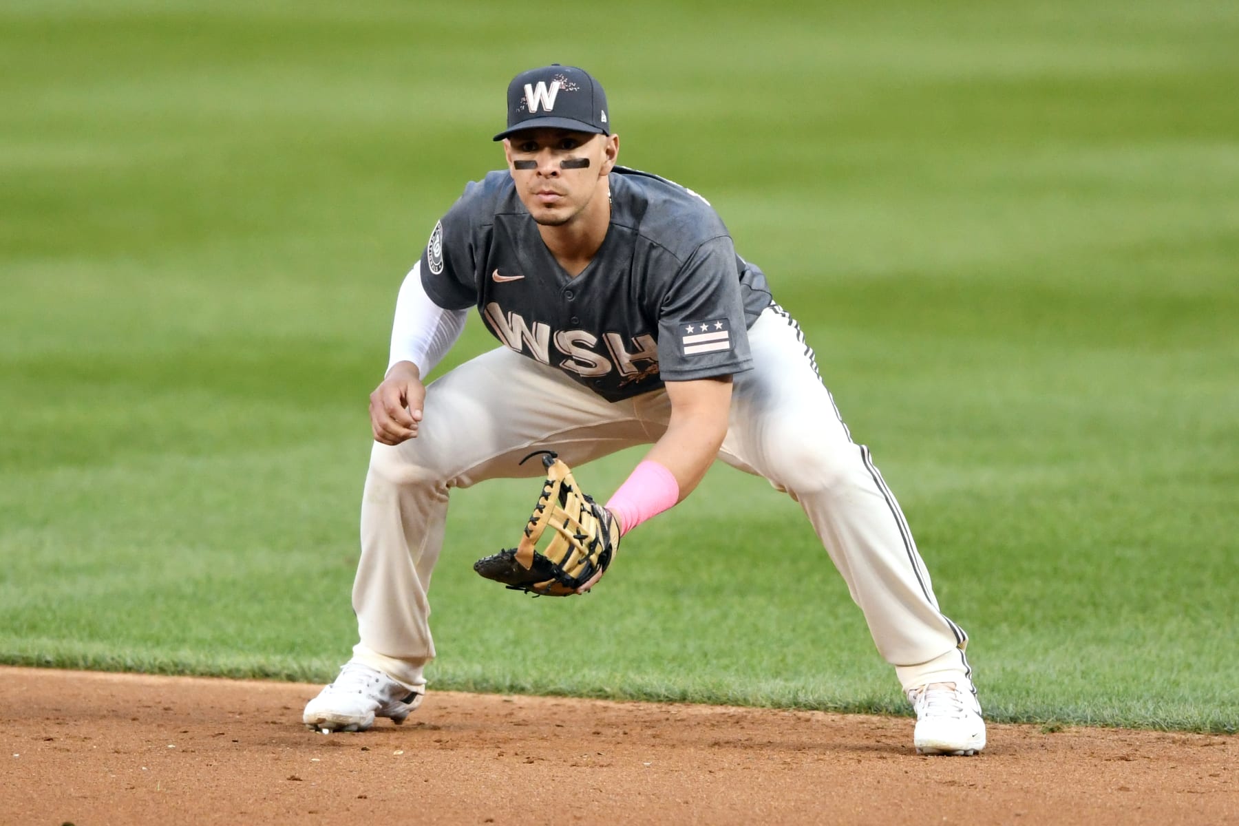 WASHINGTON, DC - SEPTEMBER 17:  Joey Meneses #45 of the Washington Nationals in position during a baseball game against the Miami Marlins at Nationals Parks on September 17, 2022 in Washington, DC.  (Photo by Mitchell Layton/Getty Images)