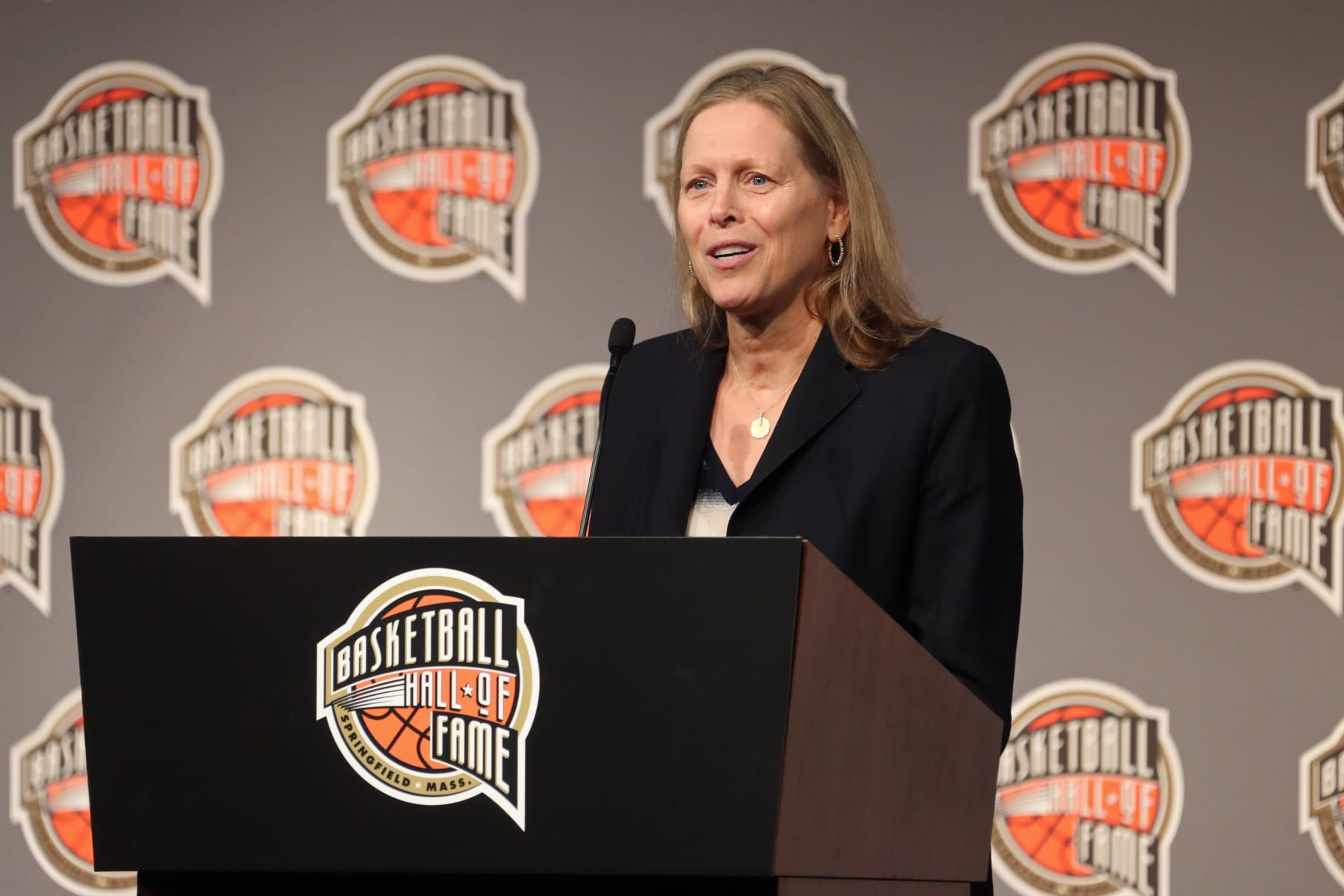 UNCASVILLE, CT - SEPTEMBER 10: Val Ackerman addresses the media during the Class of 2021 Press Conference as part of the 2021 Basketball Hall of Fame Enshrinement Ceremony on September 10, 2021 at the Cabaret Theatre at Mohegan Sun in Uncasville, Connecticut. NOTE TO USER: User expressly acknowledges and agrees that, by downloading and/or using this photograph, user is consenting to the terms and conditions of the Getty Images License Agreement. Mandatory Copyright Notice: Copyright 2021 NBAE (Photo by Nathaniel S. Butler/NBAE via Getty Images) UNCASVILLE, CT - SEPTEMBER 10: Val Ackerman addresses the media during the Class of 2021 Press Conference as part of the 2021 Basketball Hall of Fame Enshrinement Ceremony on September 10, 2021 at the Cabaret Theatre at Mohegan Sun in Uncasville, Connecticut. NOTE TO USER: User expressly acknowledges and agrees that, by downloading and/or using this photograph, user is consenting to the terms and conditions of the Getty Images License Agreement. Mandatory Copyright Notice: Copyright 2021 NBAE (Photo by Nathaniel S. Butler/NBAE via Getty Images)