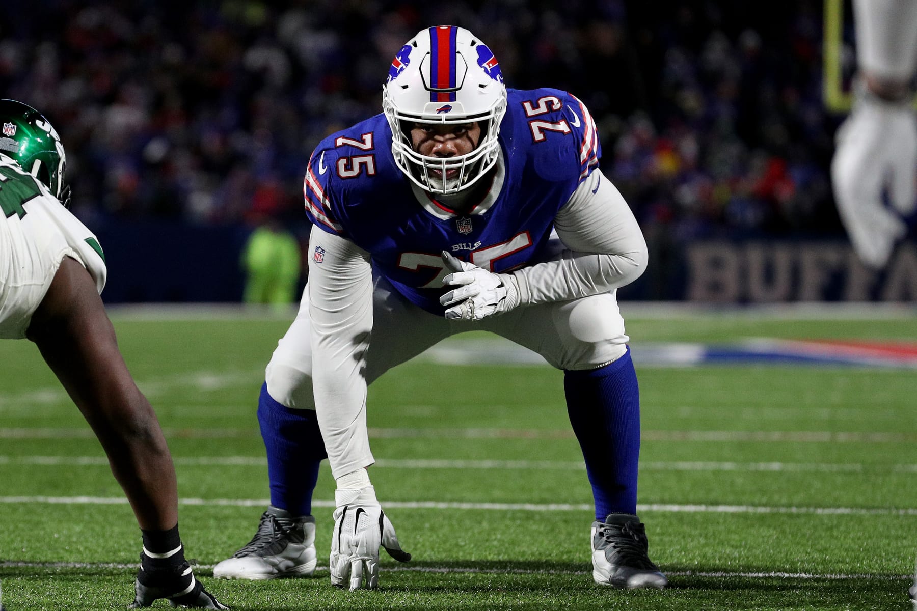 ORCHARD PARK, NEW YORK - JANUARY 09: Daryl Williams #75 of the Buffalo Bills waits for the snap during the fourth quarter against the New York Jets at Highmark Stadium on January 09, 2022 in Orchard Park, New York. (Photo by Bryan Bennett/Getty Images)
