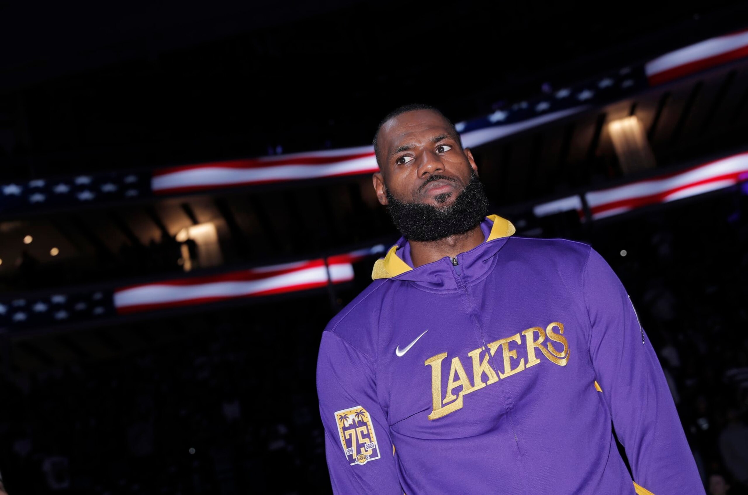 SACRAMENTO, CA - OCTOBER 14: LeBron James #6 of the Los Angeles Lakers standing during the National Anthem Prior to the game against the Sacramento Kings on October 14, 2022 at Golden 1 Center in Sacramento, California. NOTE TO USER: User expressly acknowledges and agrees that, by downloading and or using this photograph, User is consenting to the terms and conditions of the Getty Images Agreement. Mandatory Copyright Notice: Copyright 2022 NBAE (Photo by Rocky Widner/NBAE via Getty Images)