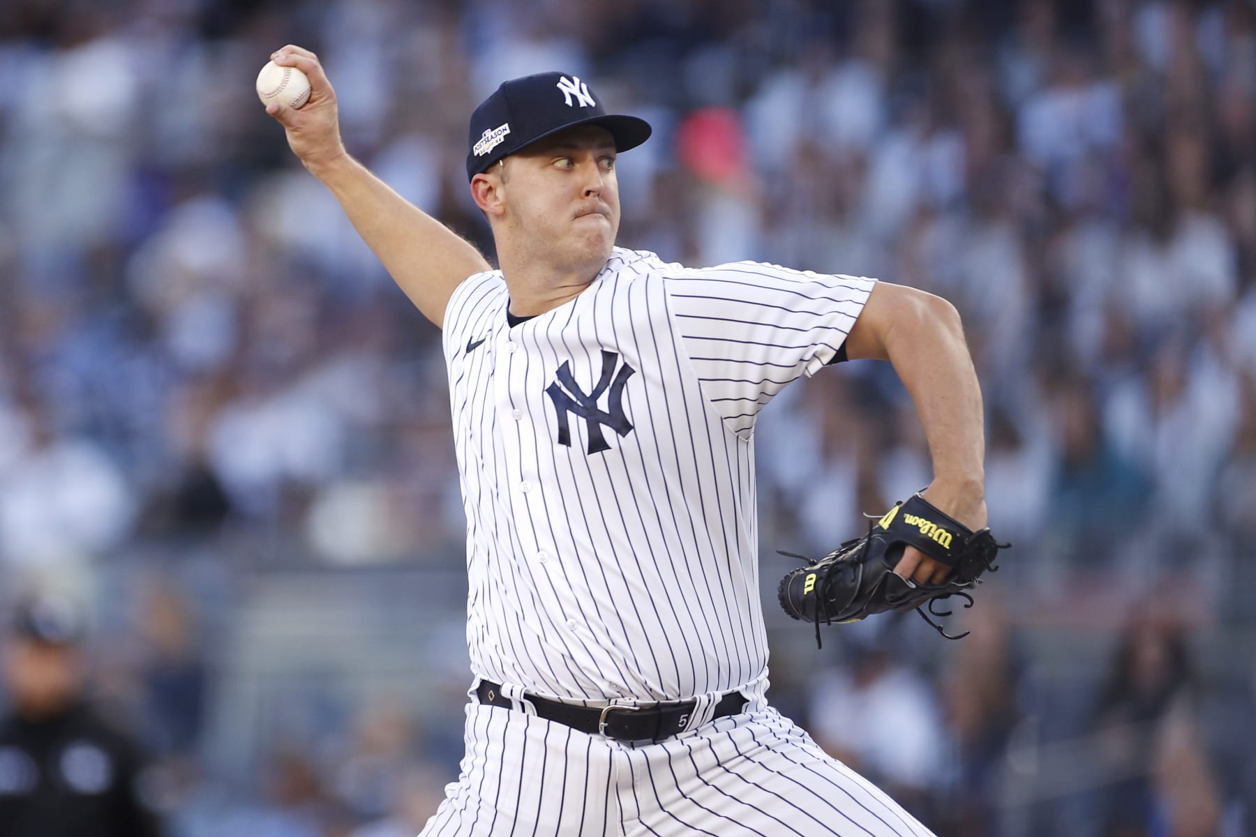NEW YORK, NEW YORK - OCTOBER 14: Jameson Taillon #50 of the New York Yankees pitches during the tenth inning against the Cleveland Guardians in game two of the American League Division Series at Yankee Stadium on October 14, 2022 in New York, New York. (Photo by Sarah Stier/Getty Images)