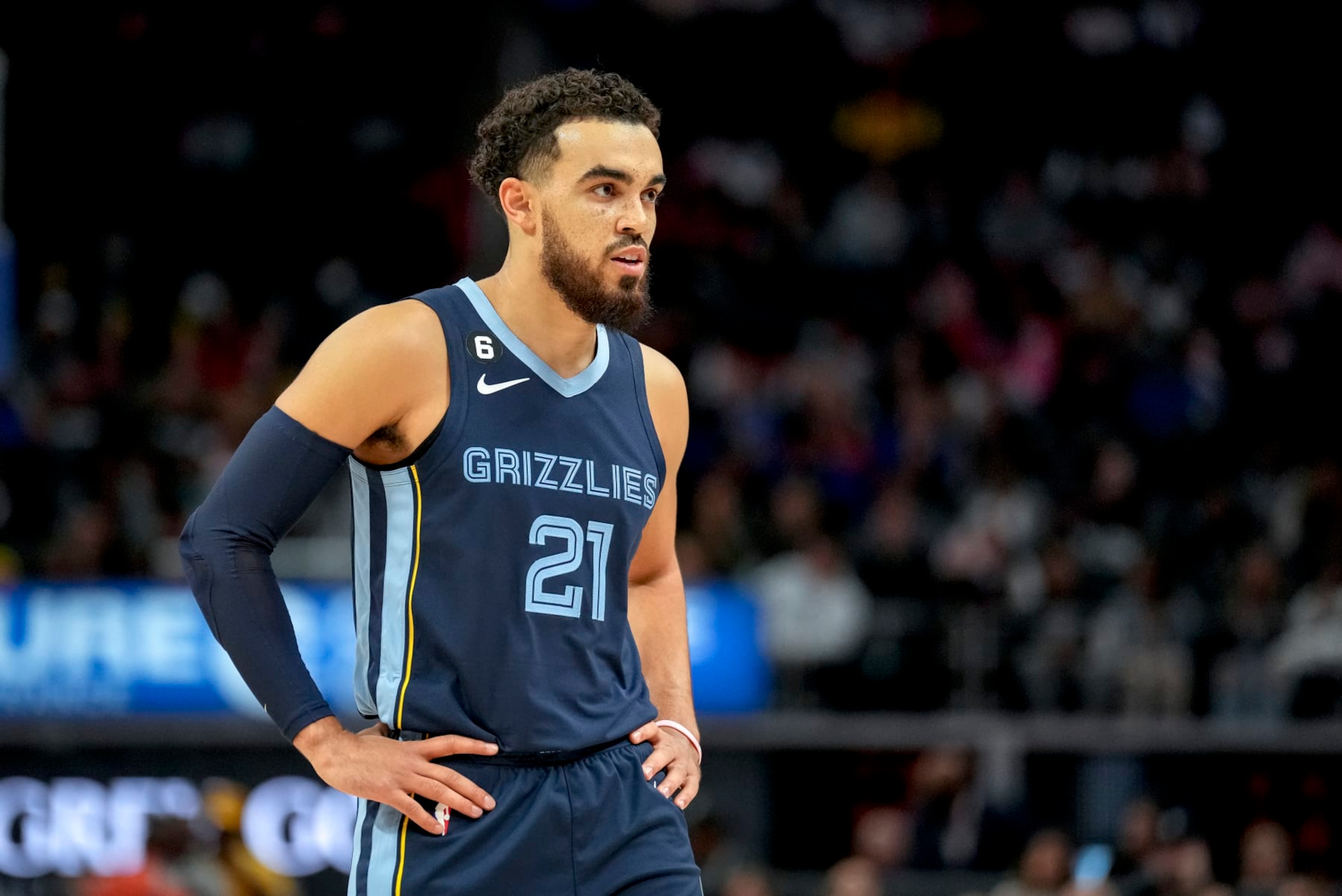 DETROIT, MICHIGAN - OCTOBER 13: Tyus Jones #21 of the Memphis Grizzlies looks on against the Detroit Pistons at Little Caesars Arena on October 13, 2022 in Detroit, Michigan. NOTE TO USER: User expressly acknowledges and agrees that, by downloading and or using this photograph, User is consenting to the terms and conditions of the Getty Images License Agreement. (Photo by Nic Antaya/Getty Images) DETROIT, MICHIGAN - OCTOBER 13: Tyus Jones #21 of the Memphis Grizzlies looks on against the Detroit Pistons at Little Caesars Arena on October 13, 2022 in Detroit, Michigan. NOTE TO USER: User expressly acknowledges and agrees that, by downloading and or using this photograph, User is consenting to the terms and conditions of the Getty Images License Agreement. (Photo by Nic Antaya/Getty Images)