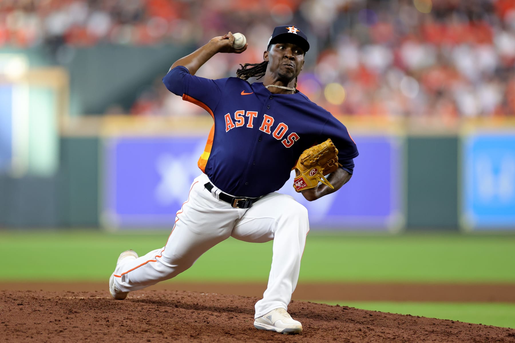 HOUSTON, TEXAS - OCTOBER 13: Rafael Montero #47 of the Houston Astros delivers a pitch against the Seattle Mariners during the seventh inning in game two of the American League Division Series at Minute Maid Park on October 13, 2022 in Houston, Texas. (Photo by Carmen Mandato/Getty Images)