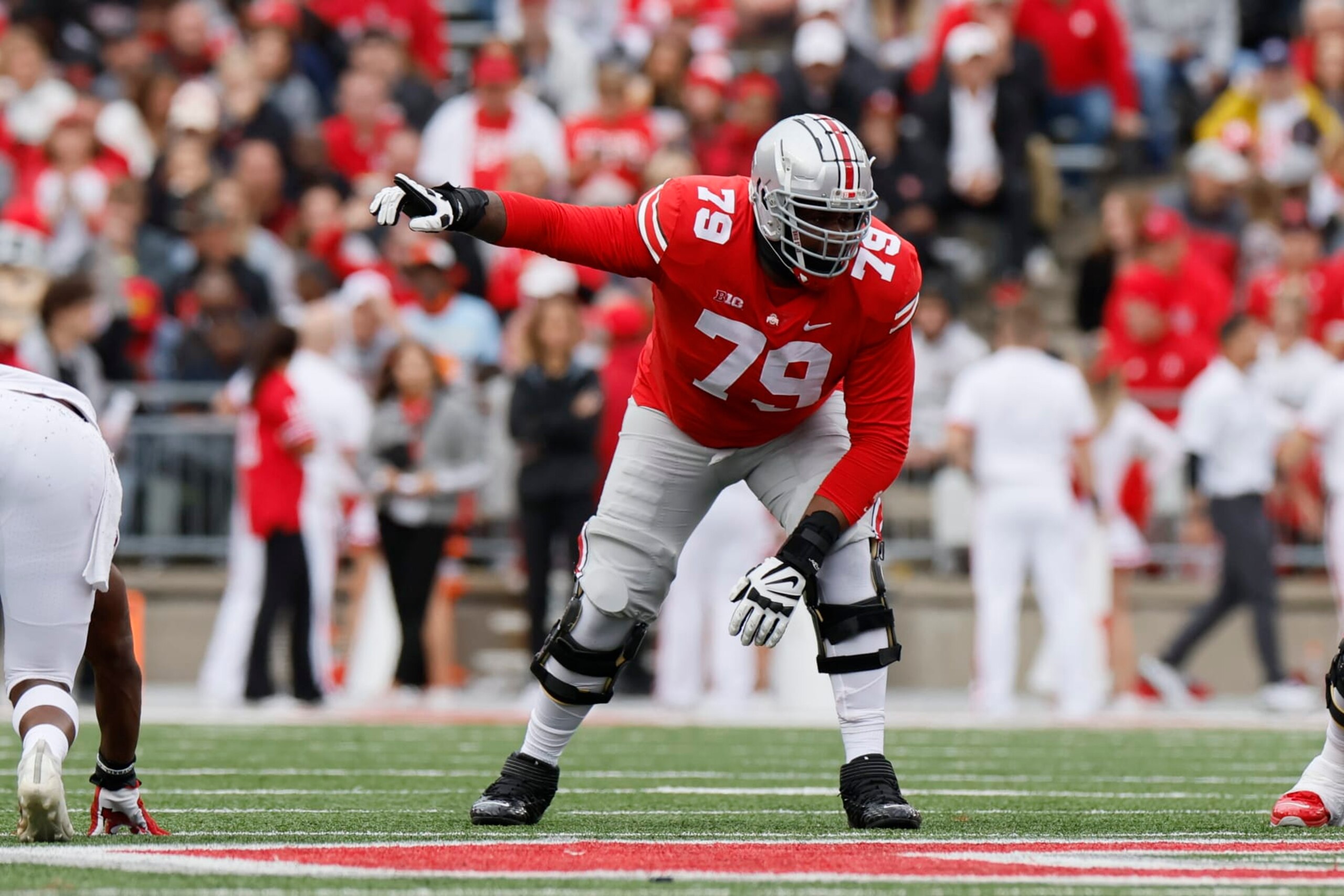 Ohio State offensive lineman Dawand Jones plays against Rutgers during an NCAA college football game Saturday, Oct. 1, 2022, in Columbus, Ohio. (AP Photo/Jay LaPrete) Ohio State offensive lineman Dawand Jones plays against Rutgers during an NCAA college football game Saturday, Oct. 1, 2022, in Columbus, Ohio. (AP Photo/Jay LaPrete)