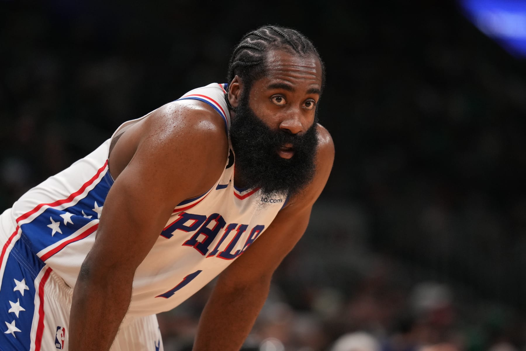 BOSTON, MA - OCTOBER 18: James Harden #1 of the Philadelphia 76ers looks on during the game against the Boston Celtics on October 18, 2022 at the TD Garden in Boston, Massachusetts.  NOTE TO USER: User expressly acknowledges and agrees that, by downloading and or using this photograph, User is consenting to the terms and conditions of the Getty Images License Agreement. Mandatory Copyright Notice: Copyright 2022 NBAE  (Photo by Jesse D. Garrabrant/NBAE via Getty Images)