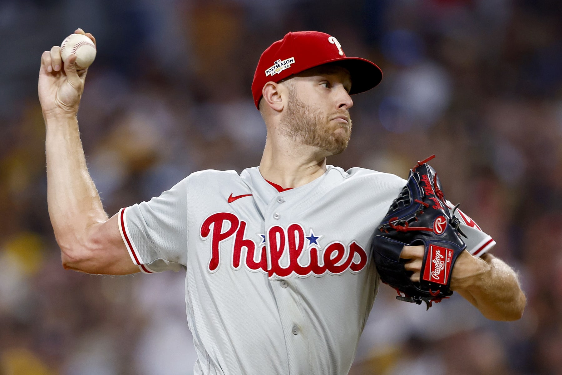 SAN DIEGO, CALIFORNIA - OCTOBER 18: Zack Wheeler #45 of the Philadelphia Phillies pitches during the fourth inning against the San Diego Padres in game one of the National League Championship Series at PETCO Park on October 18, 2022 in San Diego, California. (Photo by Ronald Martinez/Getty Images)