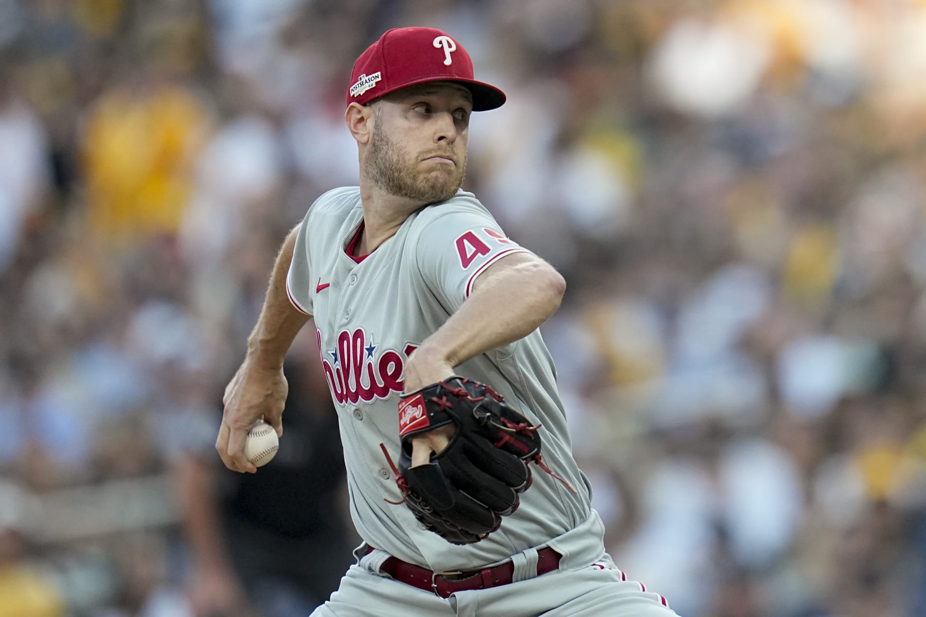 Philadelphia Phillies starting pitcher Zack Wheeler throws against the San Diego Padres during the first inning in Game 1 of the baseball NL Championship Series between the San Diego Padres and the Philadelphia Phillies on Tuesday, Oct. 18, 2022, in San Diego. (AP Photo/Gregory Bull)