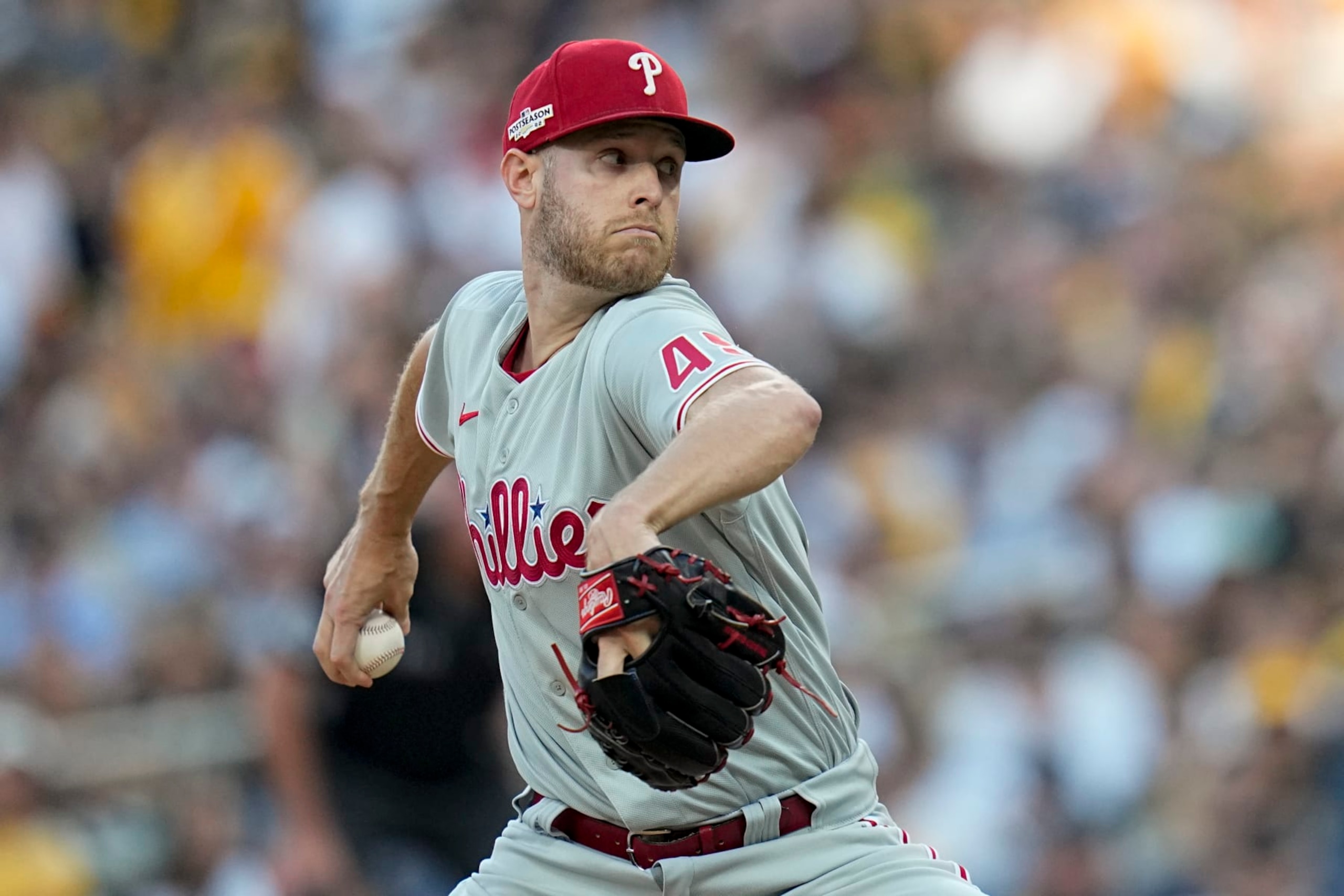 Philadelphia Phillies starting pitcher Zack Wheeler throws against the San Diego Padres during the first inning in Game 1 of the baseball NL Championship Series between the San Diego Padres and the Philadelphia Phillies on Tuesday, Oct. 18, 2022, in San Diego. (AP Photo/Gregory Bull)