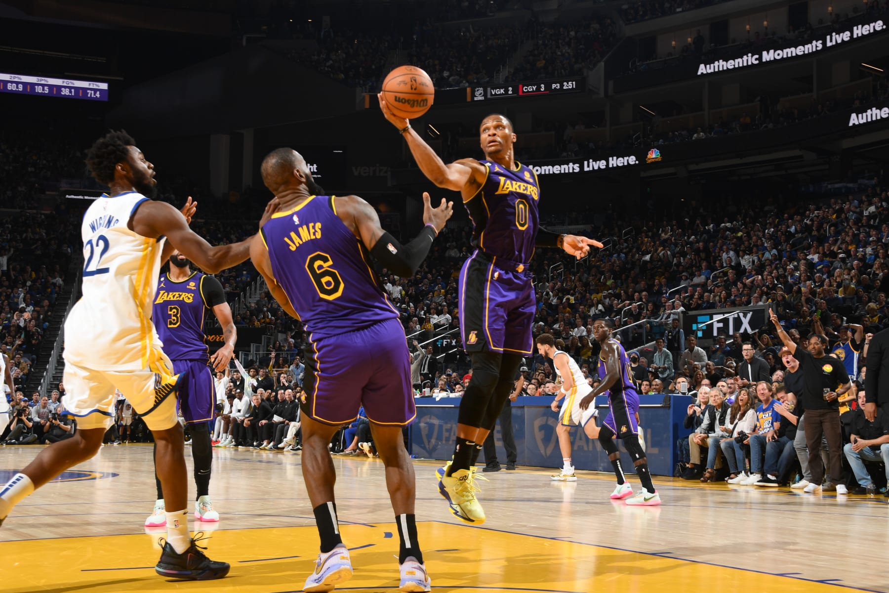 SAN FRANCISCO, CA - OCTOBER 18: Russell Westbrook #0 of the Los Angeles Lakers /grabs the rebound during the game against the Golden State Warriors on October 18, 2022 at Chase Center in San Francisco, California. NOTE TO USER: User expressly acknowledges and agrees that, by downloading and or using this photograph, user is consenting to the terms and conditions of Getty Images License Agreement. Mandatory Copyright Notice: Copyright 2022 NBAE (Photo by Andrew D. Bernstein/NBAE via Getty Images)