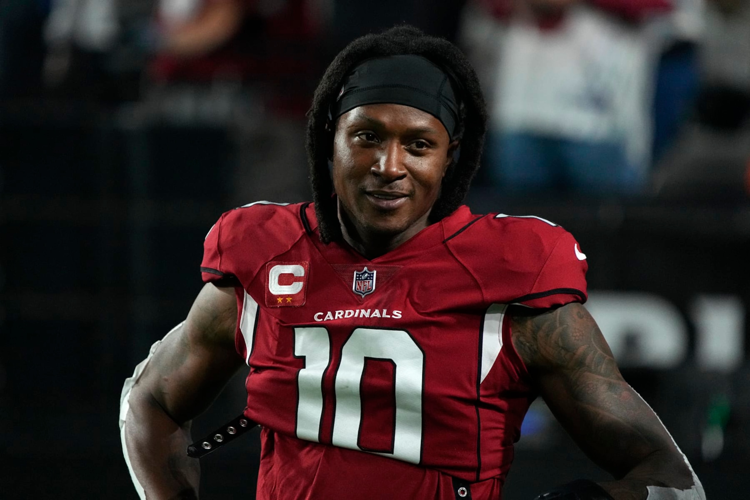 Arizona Cardinals wide receiver DeAndre Hopkins (10) during an NFL football game against the Los Angeles Rams Monday, Dec. 13, 2021, in Glendale, Ariz. (AP Photo/Rick Scuteri)