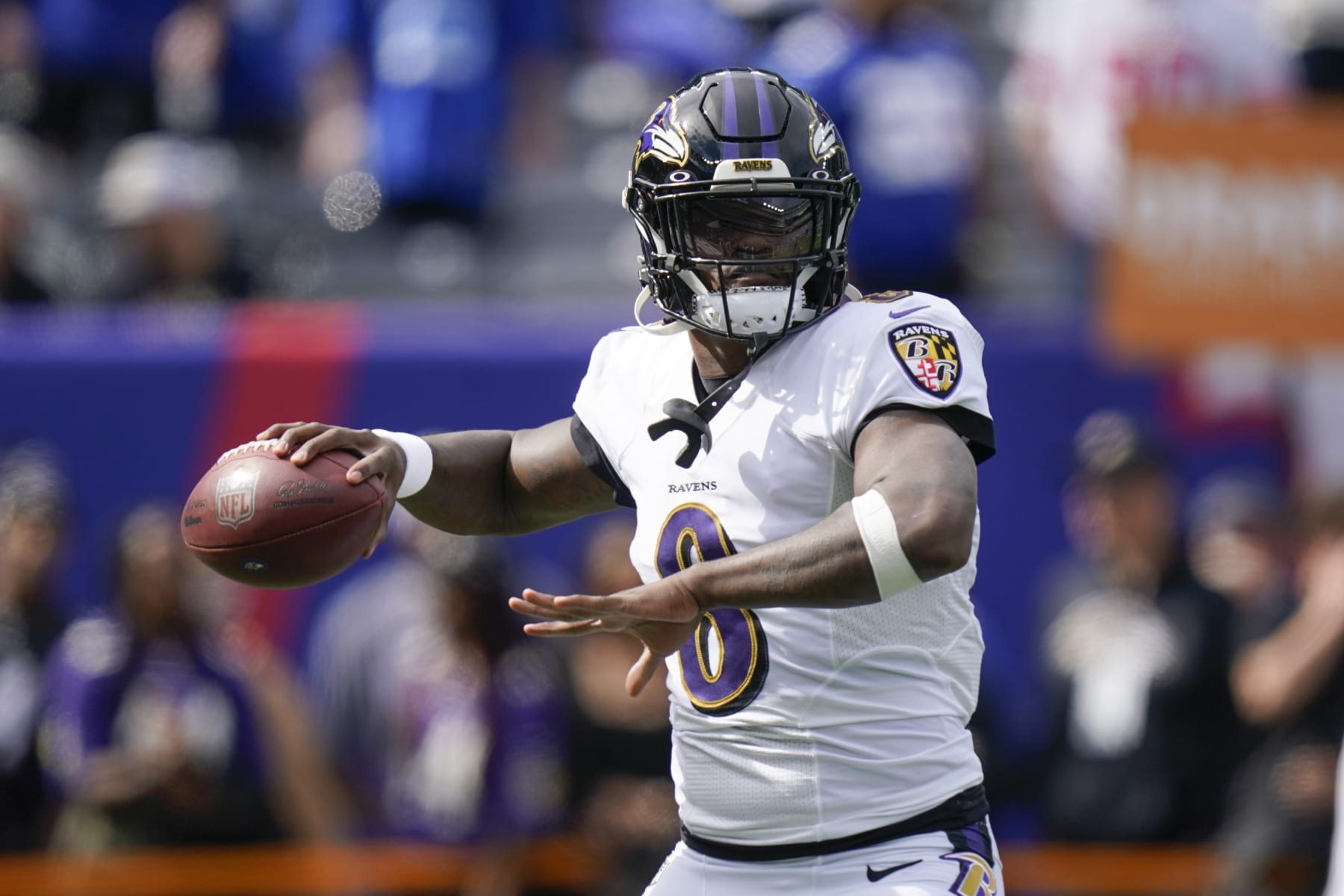 Baltimore Ravens quarterback Lamar Jackson (8) warms up before an NFL football game against the New York Giants Sunday, Oct. 16, 2022, in East Rutherford, N.J. (AP Photo/Seth Wenig)