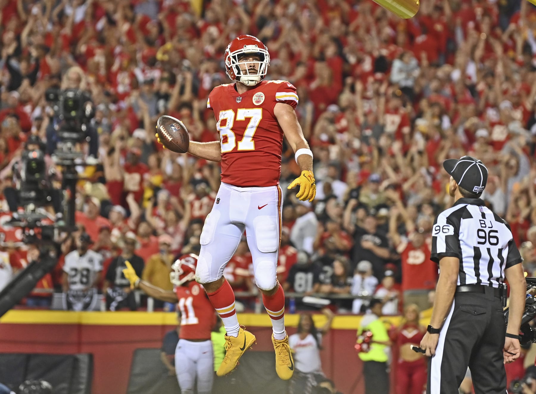 Kansas City Chiefs tight end Travis Kelce (87) celebrates after scoring a touchdown during an NFL football game against the Las Vegas Raiders Monday, Oct. 10, 2022, in Kansas City, Mo. (AP Photo/Peter Aiken)