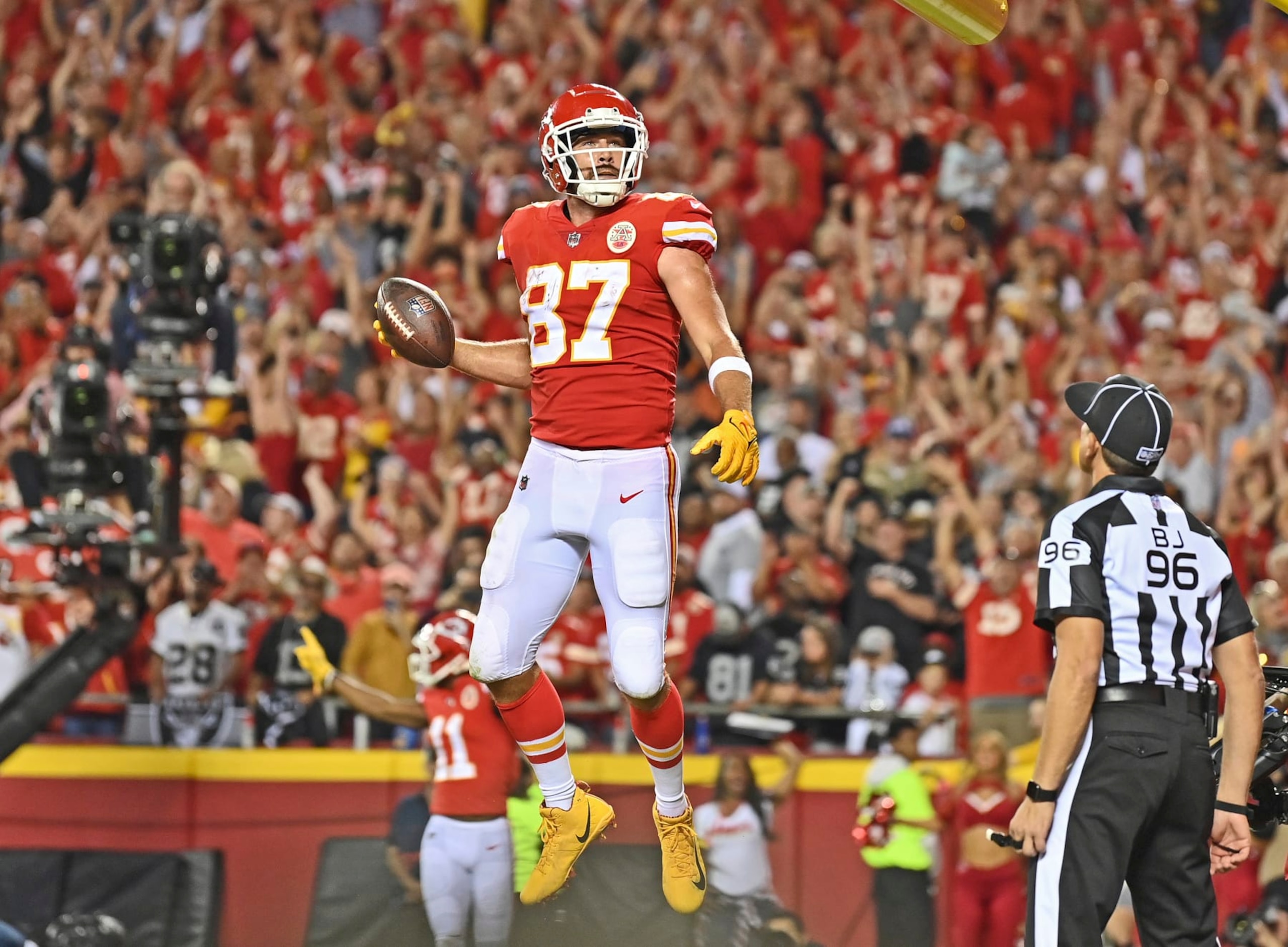 Kansas City Chiefs tight end Travis Kelce (87) celebrates after scoring a touchdown during an NFL football game against the Las Vegas Raiders Monday, Oct. 10, 2022, in Kansas City, Mo. (AP Photo/Peter Aiken)