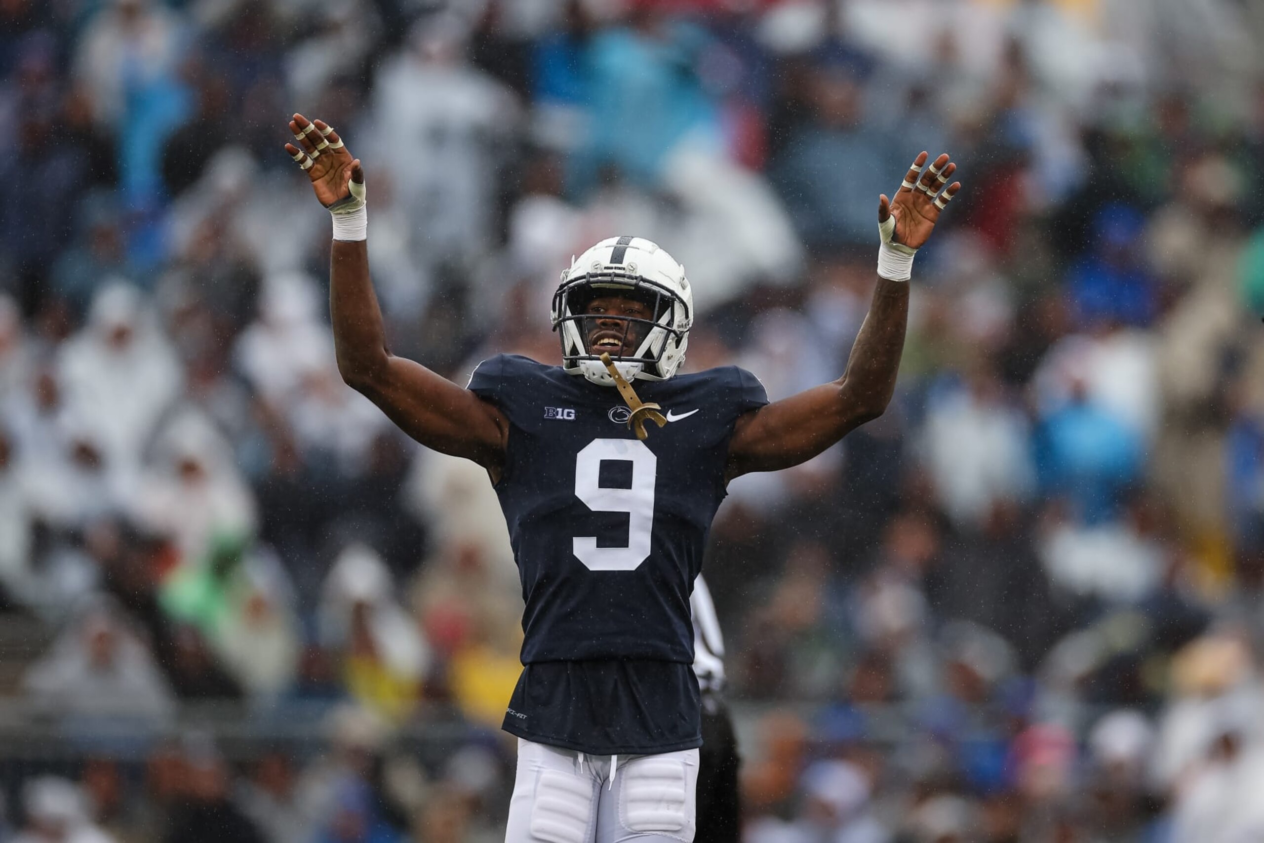 STATE COLLEGE, PA - OCTOBER 01: Joey Porter Jr. #9 of the Penn State Nittany Lions celebrates after a play against the Northwestern Wildcats during the first half at Beaver Stadium on October 1, 2022 in State College, Pennsylvania. (Photo by Scott Taetsch/Getty Images)
