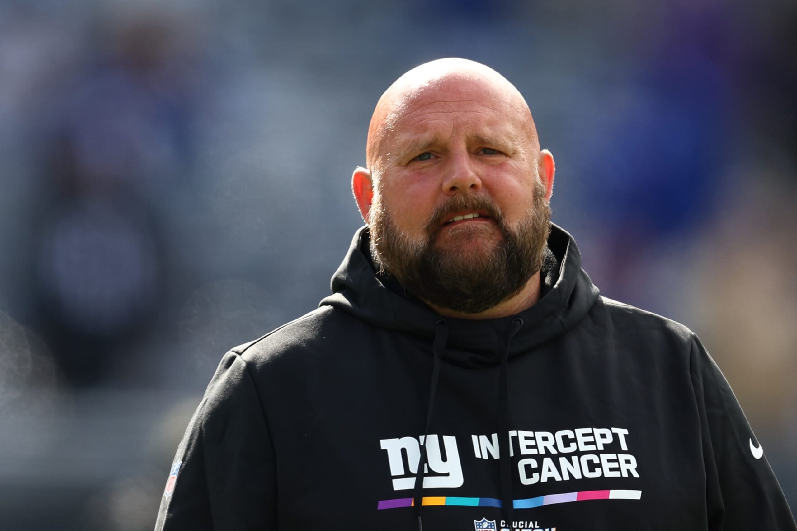 EAST RUTHERFORD, NEW JERSEY - OCTOBER 16: Head coach Brian Daboll of the New York Giants looks on prior to the game against the Baltimore Ravens at MetLife Stadium on October 16, 2022 in East Rutherford, New Jersey. (Photo by Elsa/Getty Images)