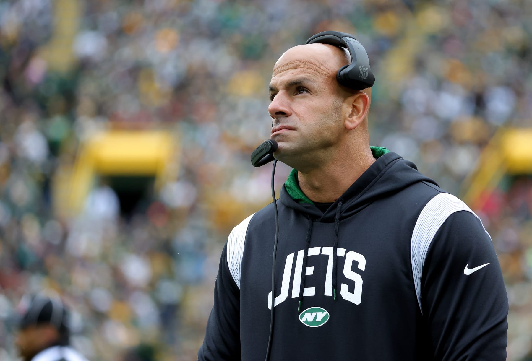 GREEN BAY, WISCONSIN - OCTOBER 16: Head coach Robert Saleh of the New York Jets  looks on during the first quarter of a game against the Green Bay Packers at Lambeau Field on October 16, 2022 in Green Bay, Wisconsin. (Photo by Stacy Revere/Getty Images)