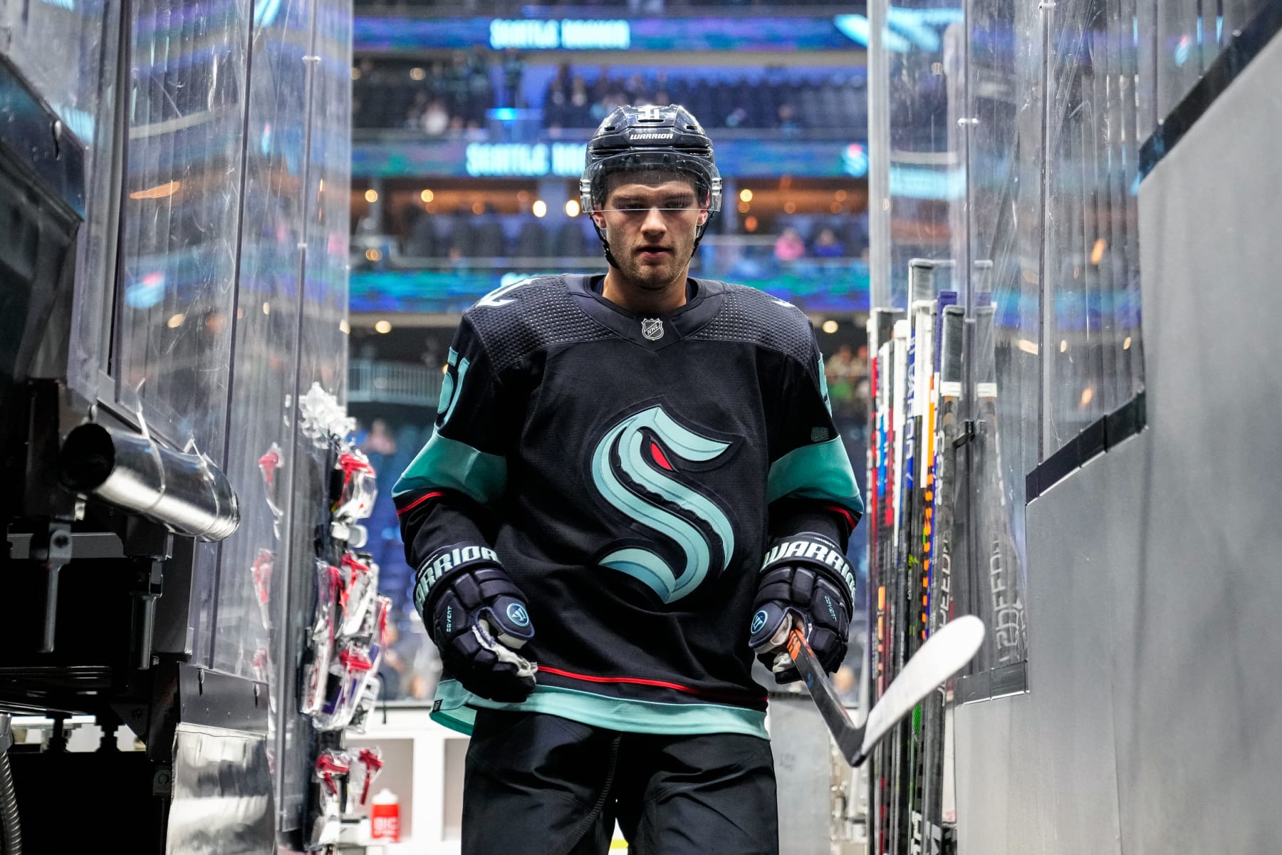 SEATTLE, WA - OCTOBER 17: Shane Wright #51 of the Seattle Kraken returns to the locker room after warm ups before a game against the Carolina Hurricanes at Climate Pledge Arena on October 17, 2022 in Seattle, Washington. (Photo by Christopher Mast/NHLI via Getty Images)