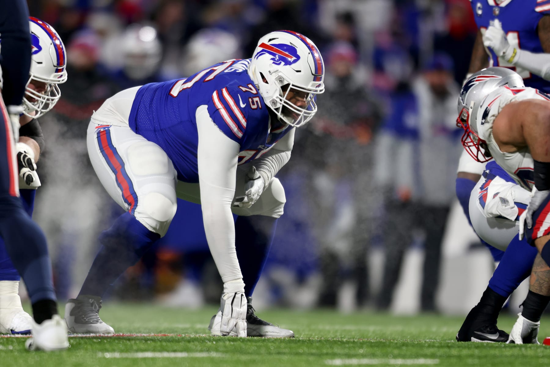 BUFFALO, NEW YORK - JANUARY 15: Daryl Williams #75 of the Buffalo Bills waits for the snap during the fourth quarter against the New England Patriots at Highmark Stadium on January 15, 2022 in Buffalo, New York. (Photo by Bryan M. Bennett/Getty Images)