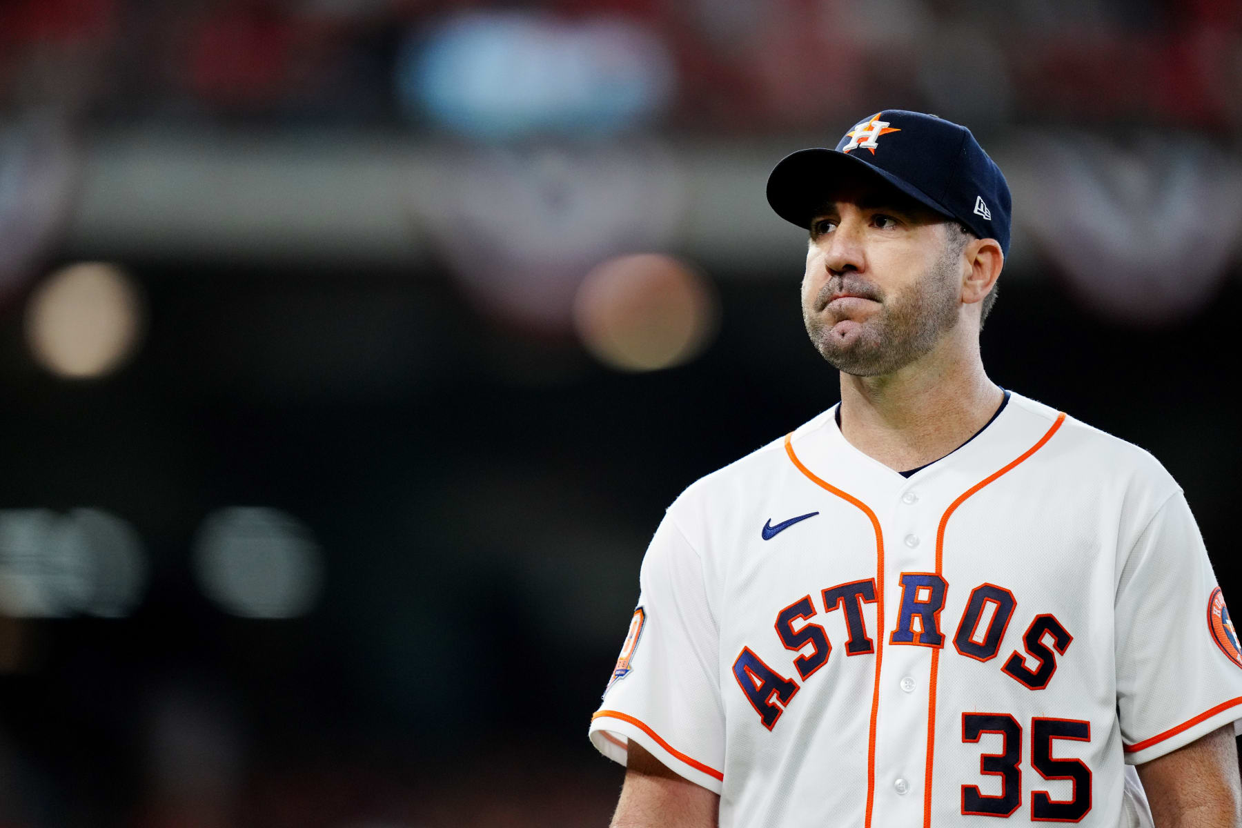 HOUSTON, TX - OCTOBER 11: Justin Verlander #35 of the Houston Astros walks back to the dugout during the game between the Seattle Mariners and the Houston Astros at Minute Maid Park on Tuesday, October 11, 2022 in Houston, Texas. (Photo by Daniel Shirey/MLB Photos via Getty Images)