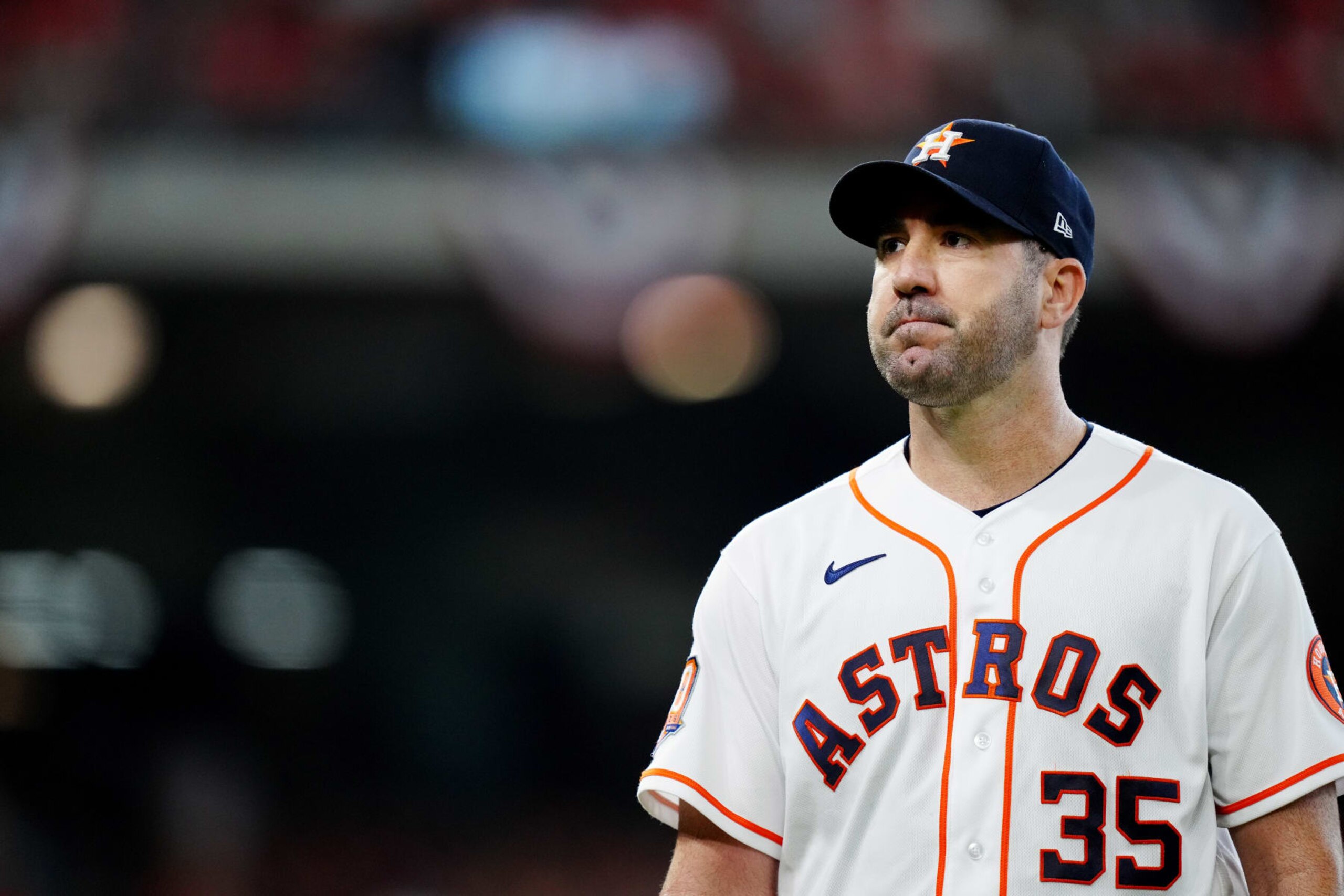HOUSTON, TX - OCTOBER 11: Justin Verlander #35 of the Houston Astros walks back to the dugout during the game between the Seattle Mariners and the Houston Astros at Minute Maid Park on Tuesday, October 11, 2022 in Houston, Texas. (Photo by Daniel Shirey/MLB Photos via Getty Images)
