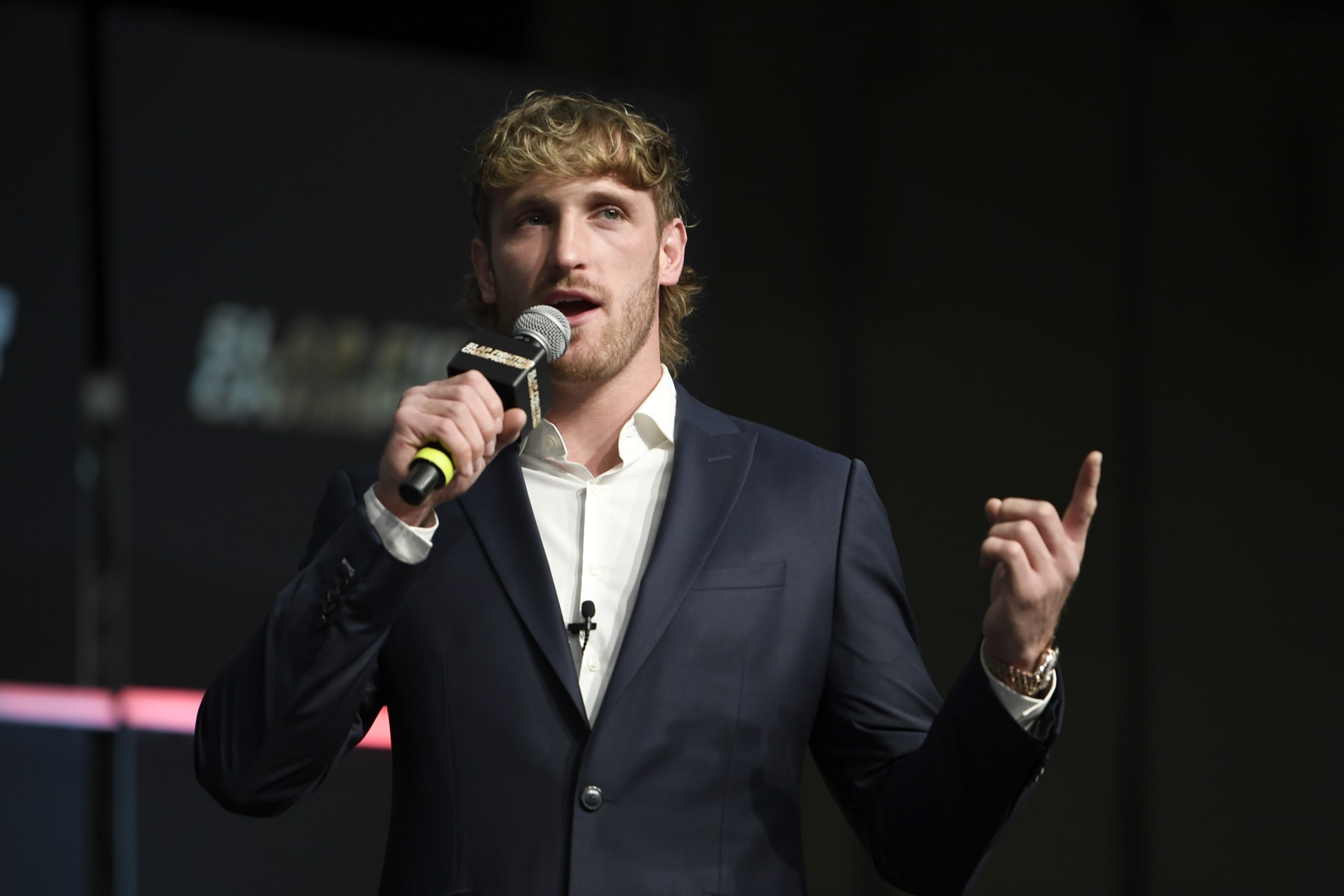 COLUMBUS, OHIO - MARCH 05:  Logan Pau speaks to fans during the Slap Fighting Championships at the Arnold Sports Festival in Columbus Convention Center on March 05, 2022 in Columbus, Ohio. (Photo by Gaelen Morse/Getty Images)