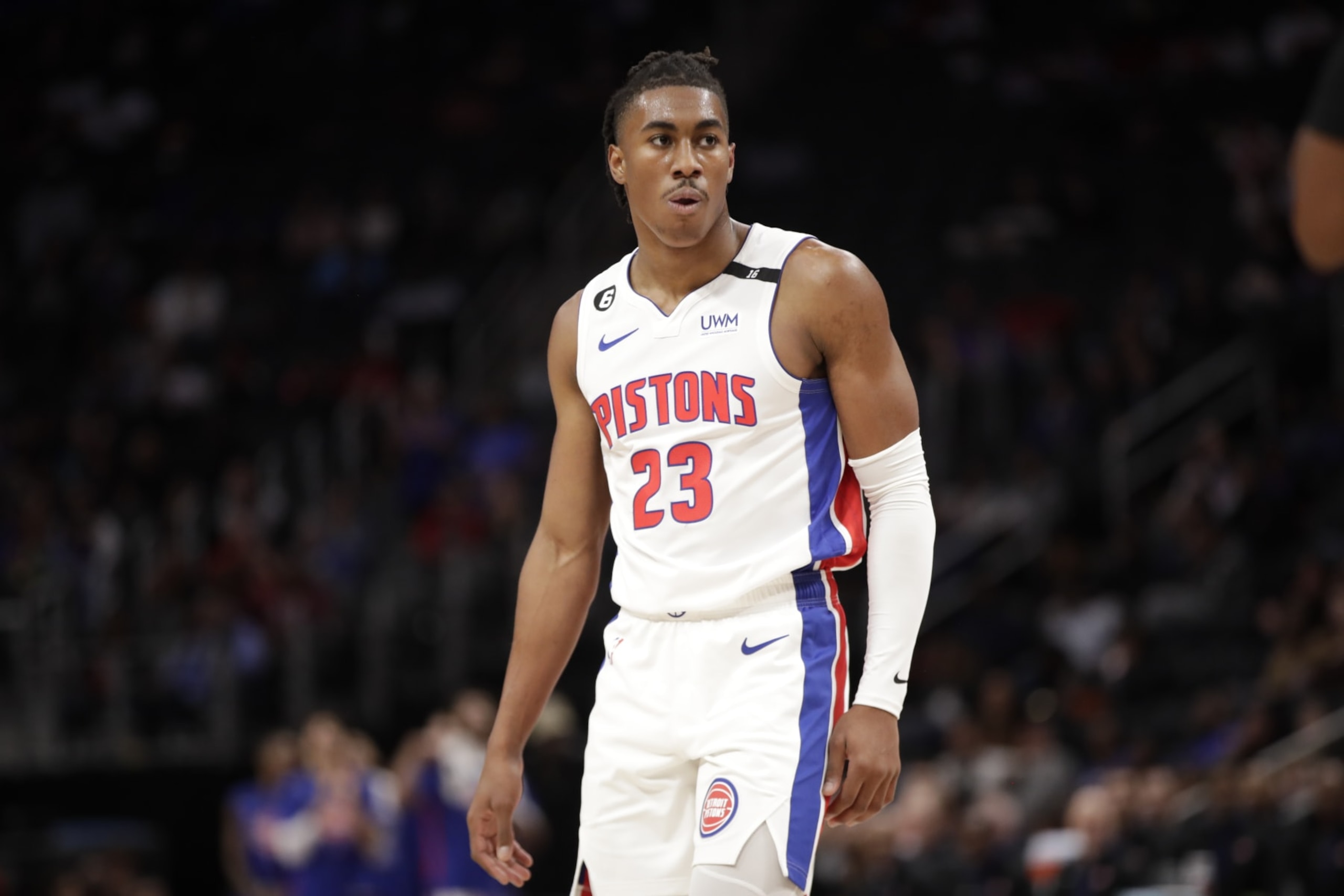DETROIT, MI - OCTOBER 11: Jaden Ivey #23 of the Detroit Pistons looks on during a preseason game against the Oklahoma City Thunder on October 11, 2022 at Little Caesars Arena in Detroit, Michigan. NOTE TO USER: User expressly acknowledges and agrees that, by downloading and/or using this photograph, User is consenting to the terms and conditions of the Getty Images License Agreement. Mandatory Copyright Notice: Copyright 2022 NBAE (Photo by Brian Sevald/NBAE via Getty Images)