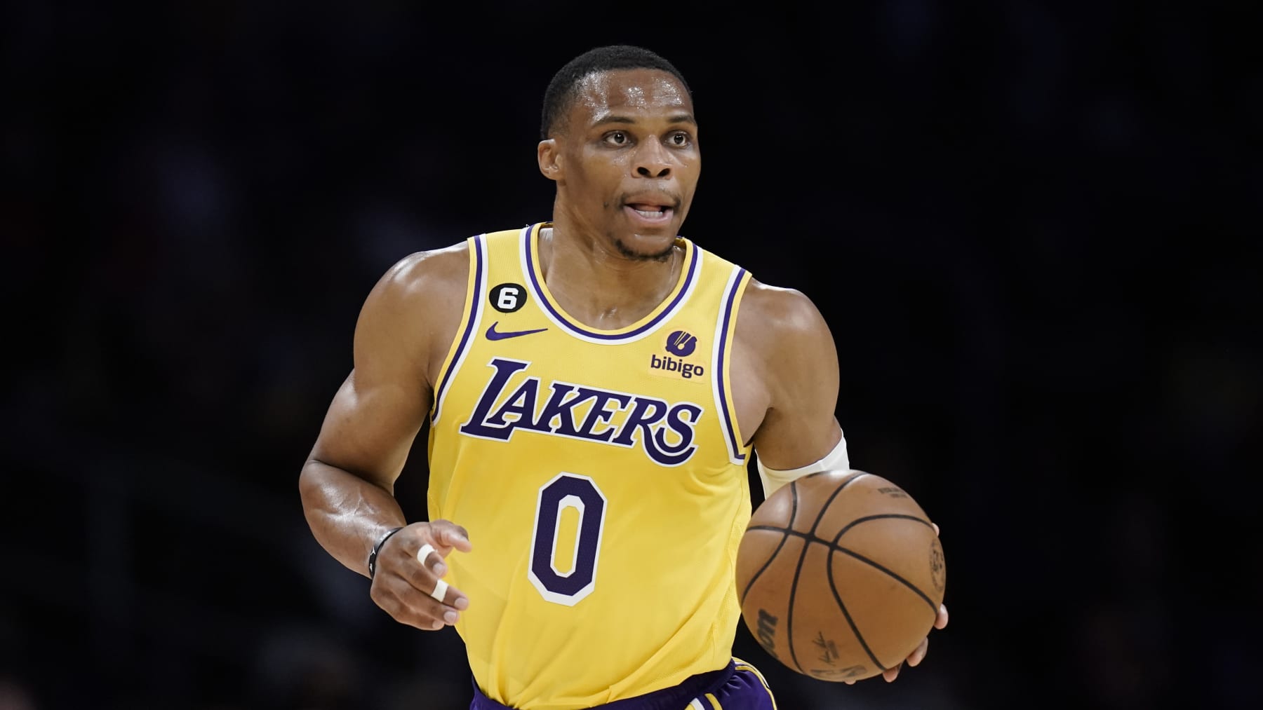 Los Angeles Lakers' Russell Westbrook dribbles the ball during first half of an NBA preseason basketball game against the Minnesota Timberwolves Wednesday, Oct. 12, 2022, in Los Angeles. (AP Photo/Jae C. Hong)
