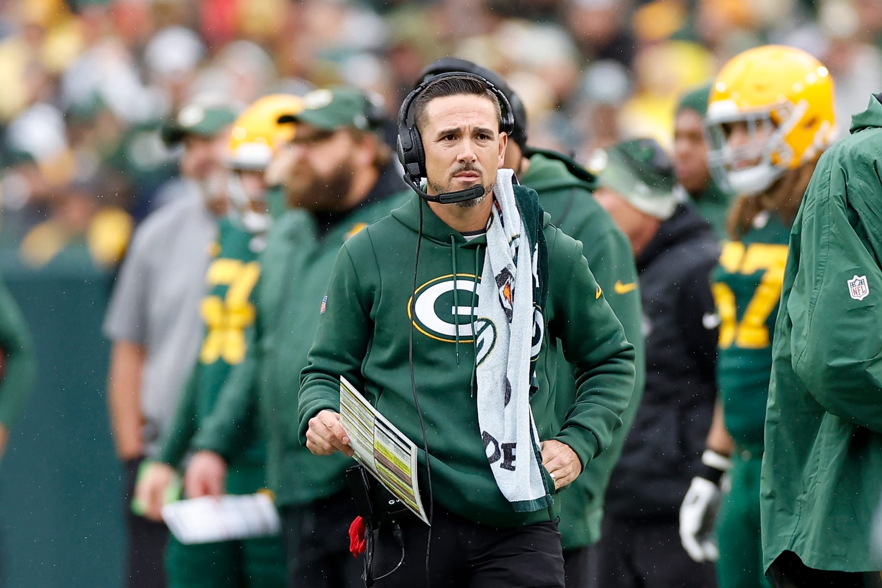 GREEN BAY, WISCONSIN - OCTOBER 16: Matt LaFleur head coach of the Green Bay Packers against the New York Jets at Lambeau Field on October 16, 2022 in Green Bay, Wisconsin. Jets defeated the Packers 27-10. (Photo by John Fisher/Getty Images)
