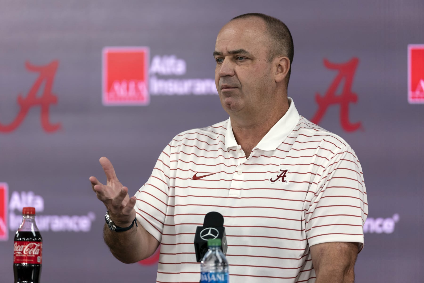 Alabama offensive coordinator Bill O'Brien speaks during the Crimson Tide's NCAA college football media day, Sunday, Aug. 7, 2022, in Tuscaloosa, Ala. (AP Photo/Vasha Hunt)