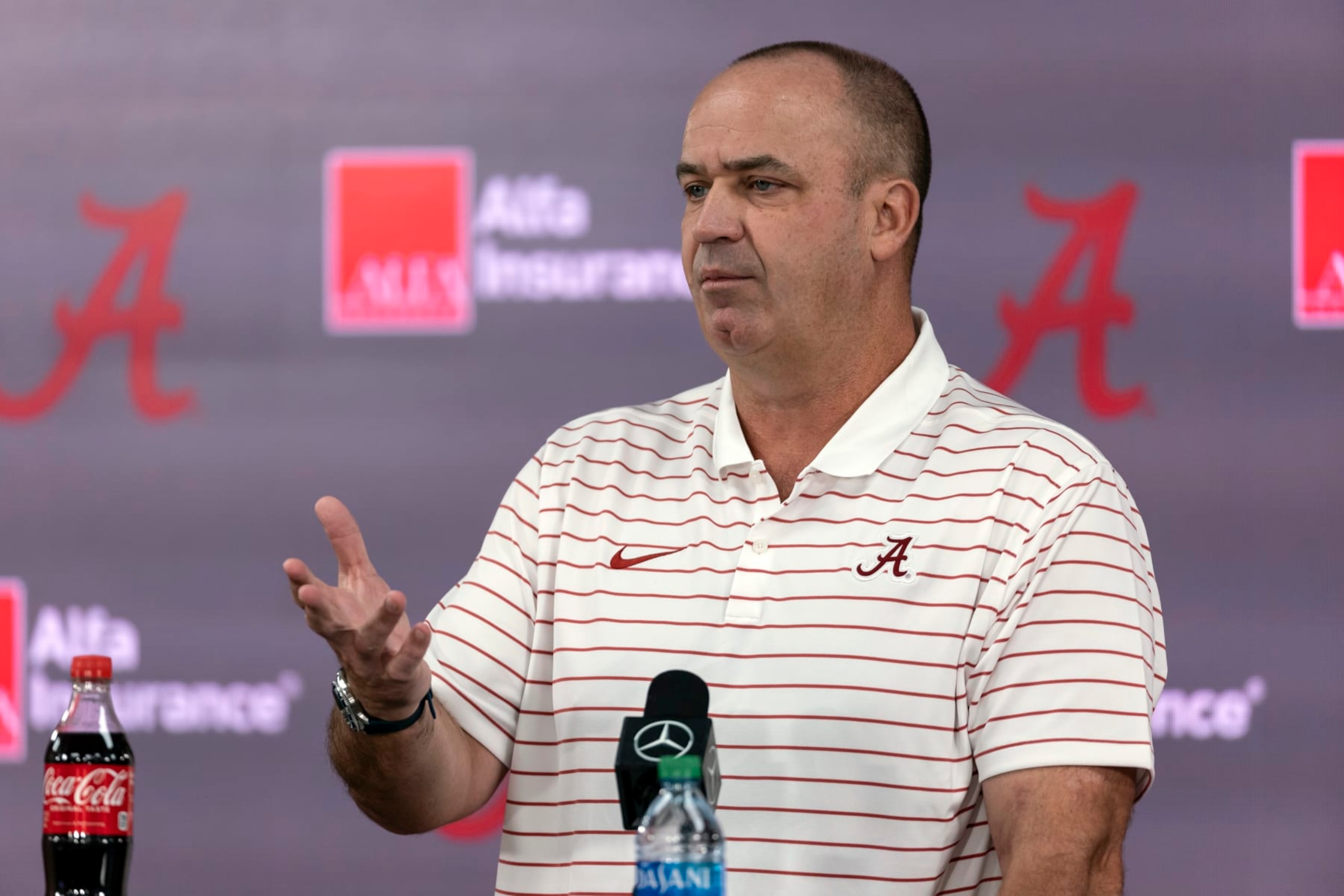Alabama offensive coordinator Bill O'Brien speaks during the Crimson Tide's NCAA college football media day, Sunday, Aug. 7, 2022, in Tuscaloosa, Ala. (AP Photo/Vasha Hunt)