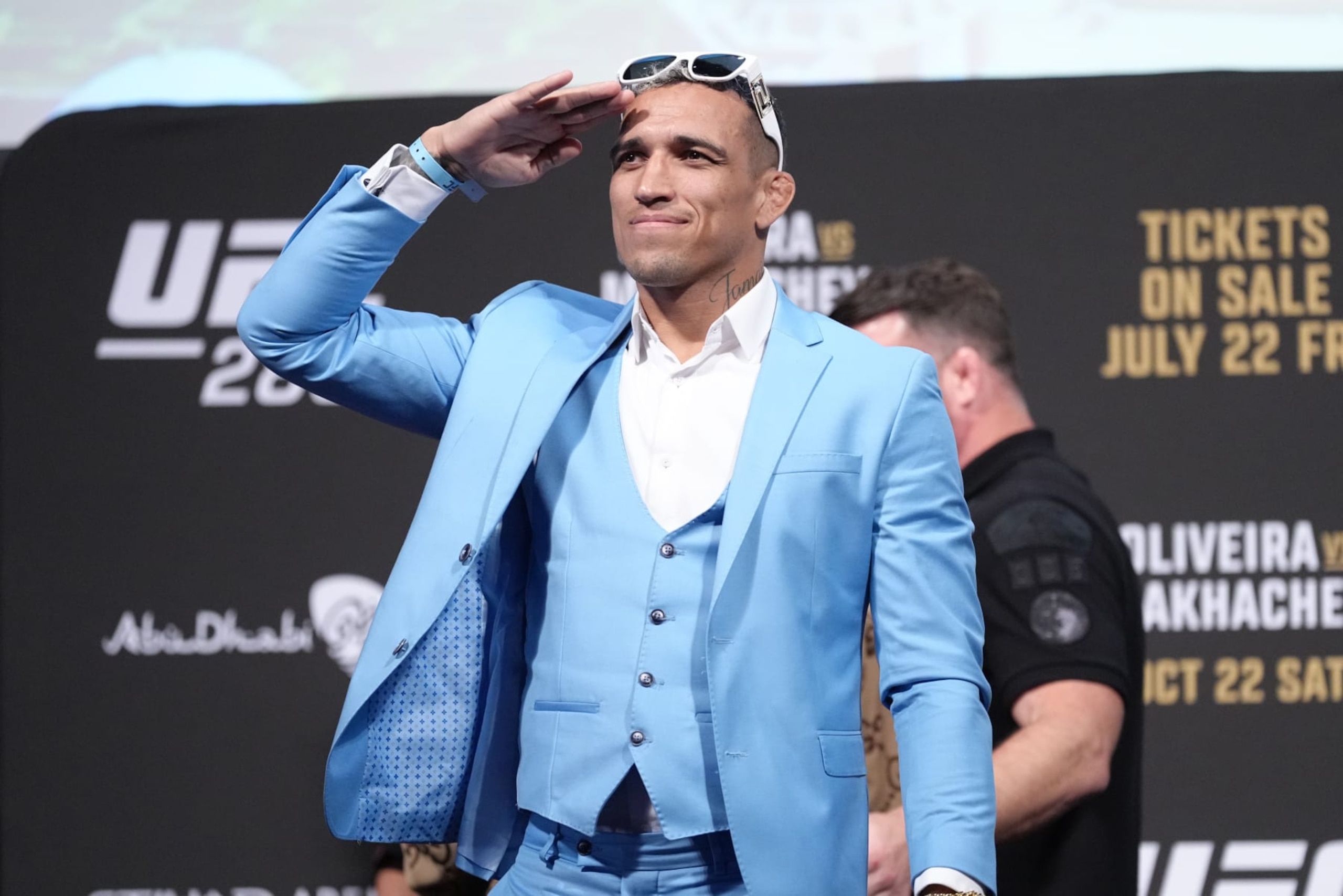 LONDON, ENGLAND - JULY 22:  Charles Oliveira of Brazil is seen on stage during the UFC 280 Press Conference at O2 Arena on July 22, 2022 in London, England. (Photo by Jeff Bottari/Zuffa LLC)
